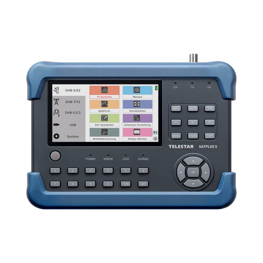 Telestar Satplus 5 Satelliten-Messgerät mit blauem Schutzrahmen, Bildschirm und verschiedenen Bedientasten.