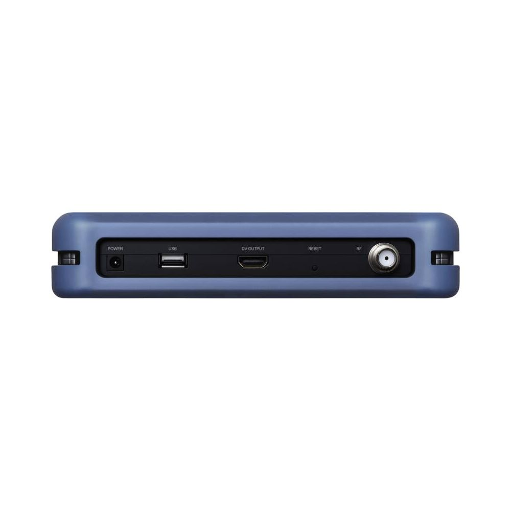 Rückseite einer blauen Sett-Top-Box mit Strom-, USB-, DV-Ausgang-, Reset- und RF-Anschlüssen.