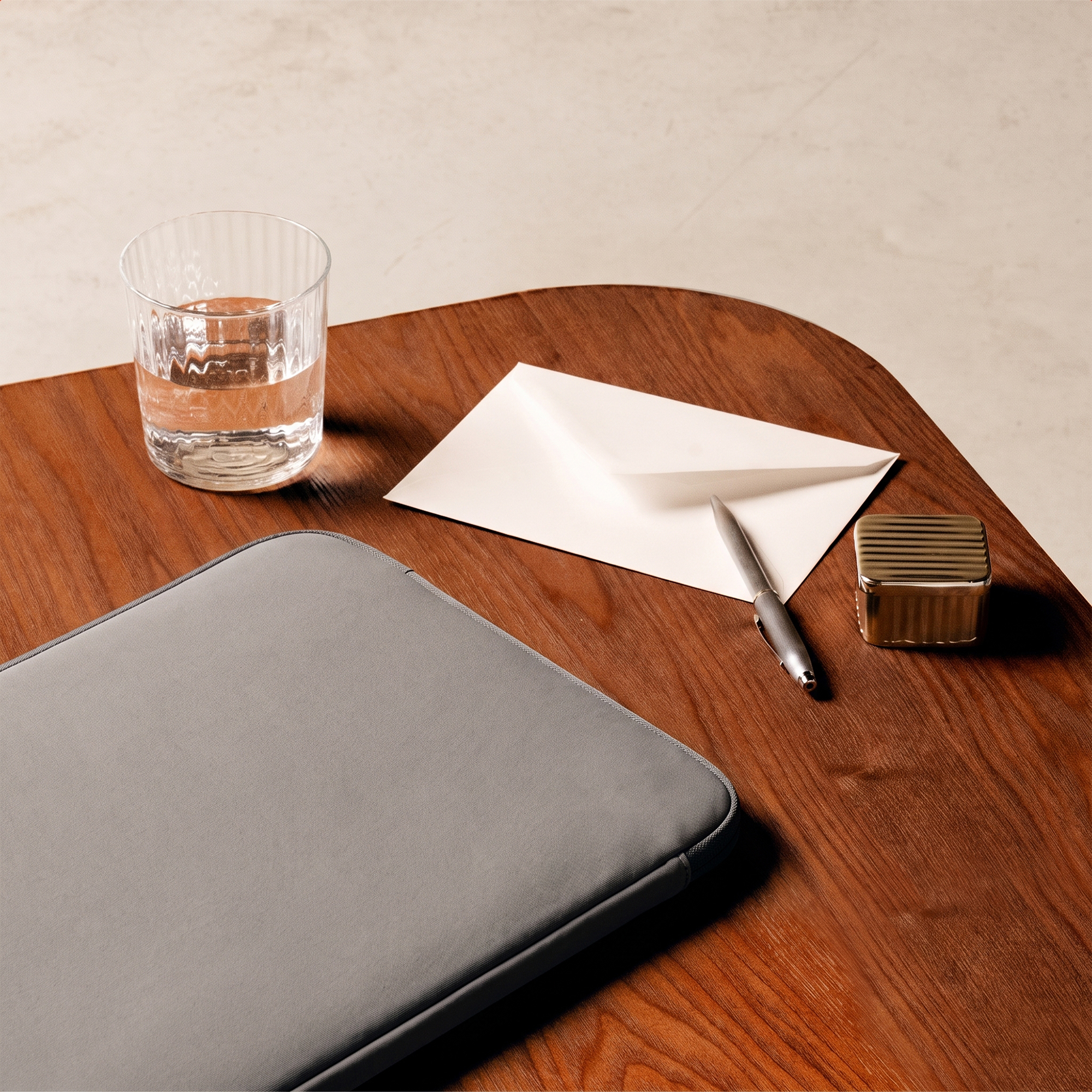 Ein Holztisch mit Laptop-Hülle, Glas Wasser, weißem Umschlag, Stift und kleiner Metalldose.