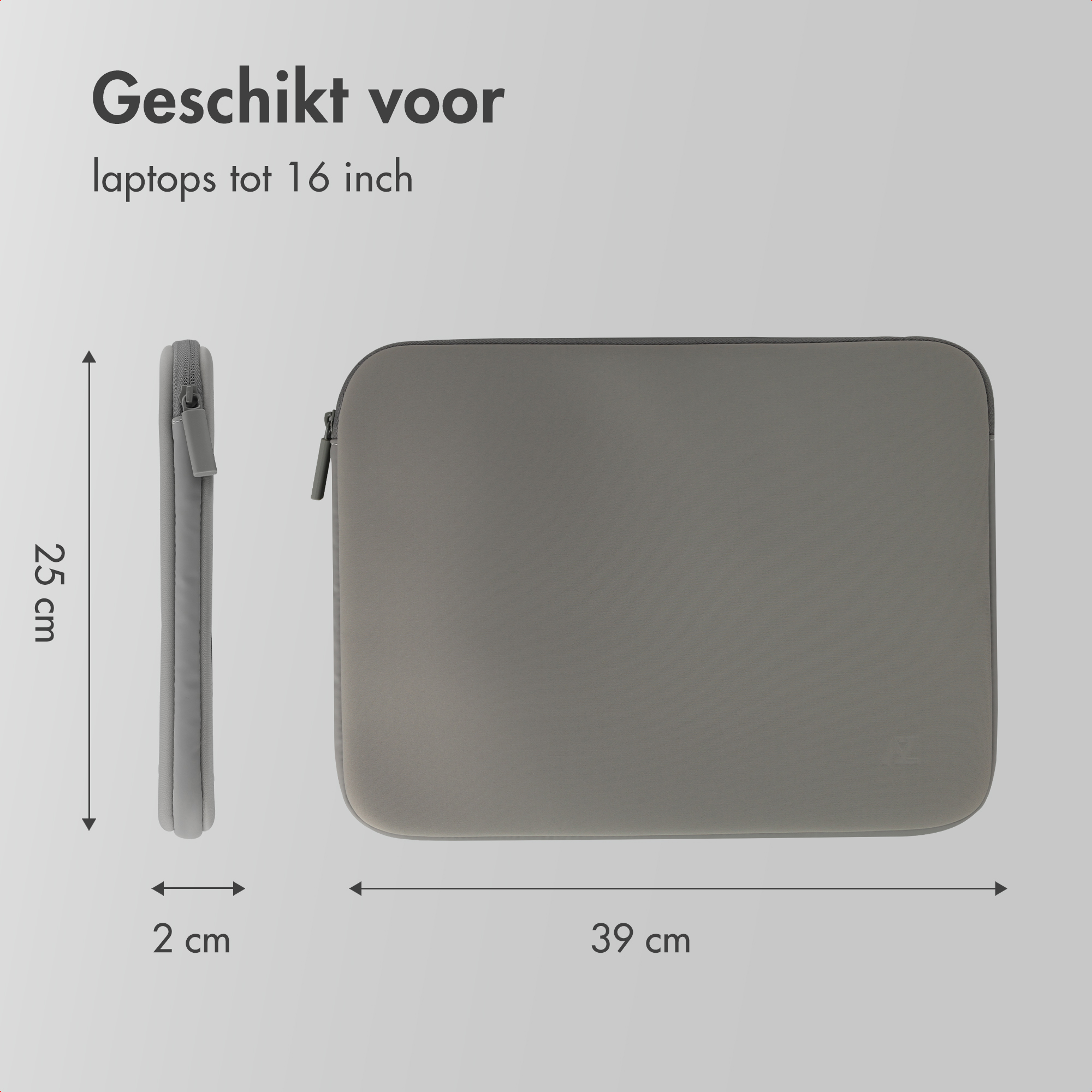 Graue Laptoptasche mit Abmessungen von 39x25x2 cm, geeignet für Laptops bis 16 Zoll.