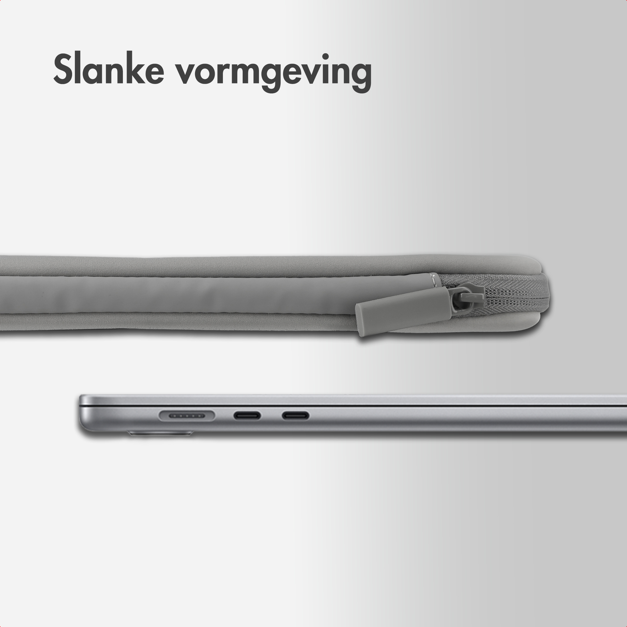 Graue Laptoptasche und schmale Laptop-Seitenansicht mit Anschlüssen auf hellem Hintergrund.
