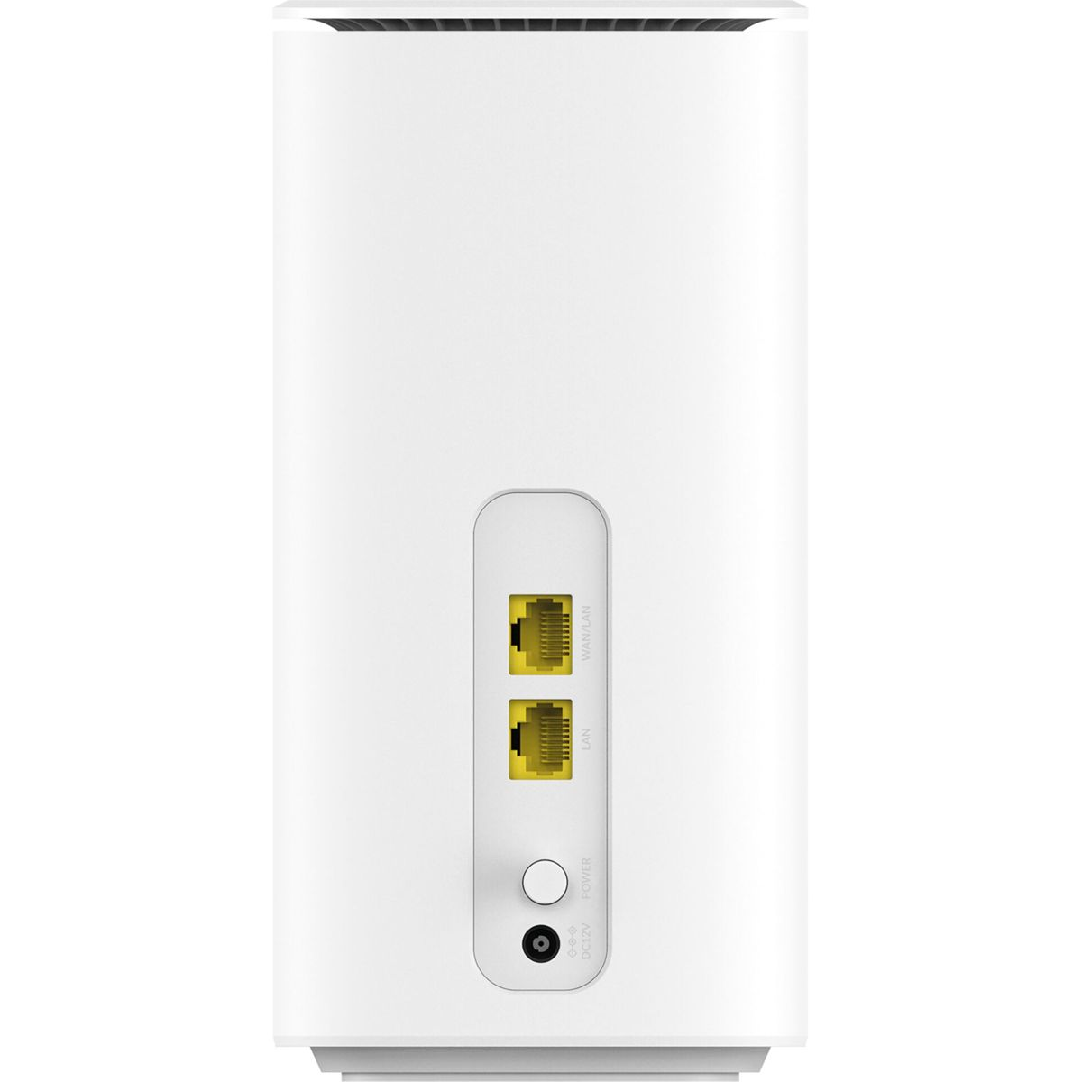 El panel posterior blanco de un router con dos puertos LAN amarillos, un botón de encendido y una entrada de corriente.