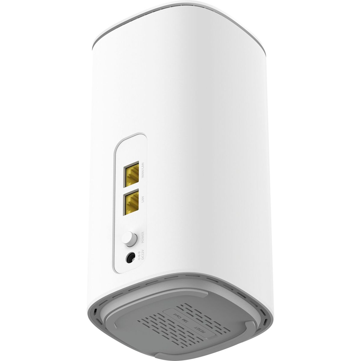 Un enrutador Wi-Fi cilíndrico blanco con puertos Ethernet en la parte posterior y ranuras de ventilación.