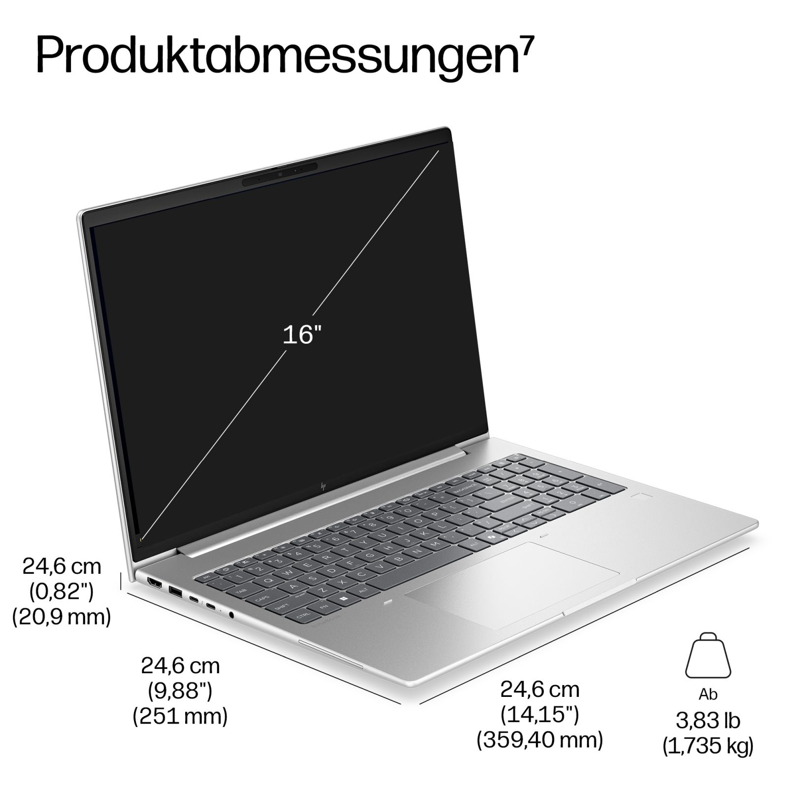 Silberner 16-Zoll-Laptop mit Produktabmessungen und Gewichtsangabe.