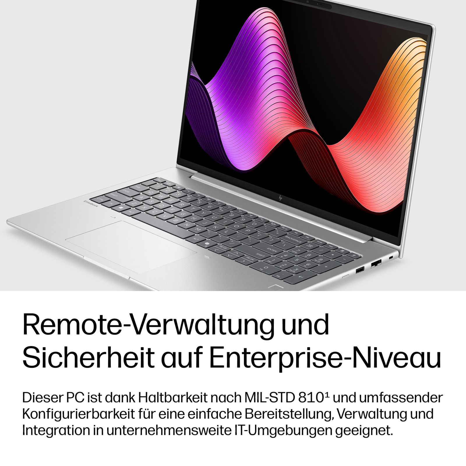 Silberner Laptop mit farbigem Display und deutschem Text unten.