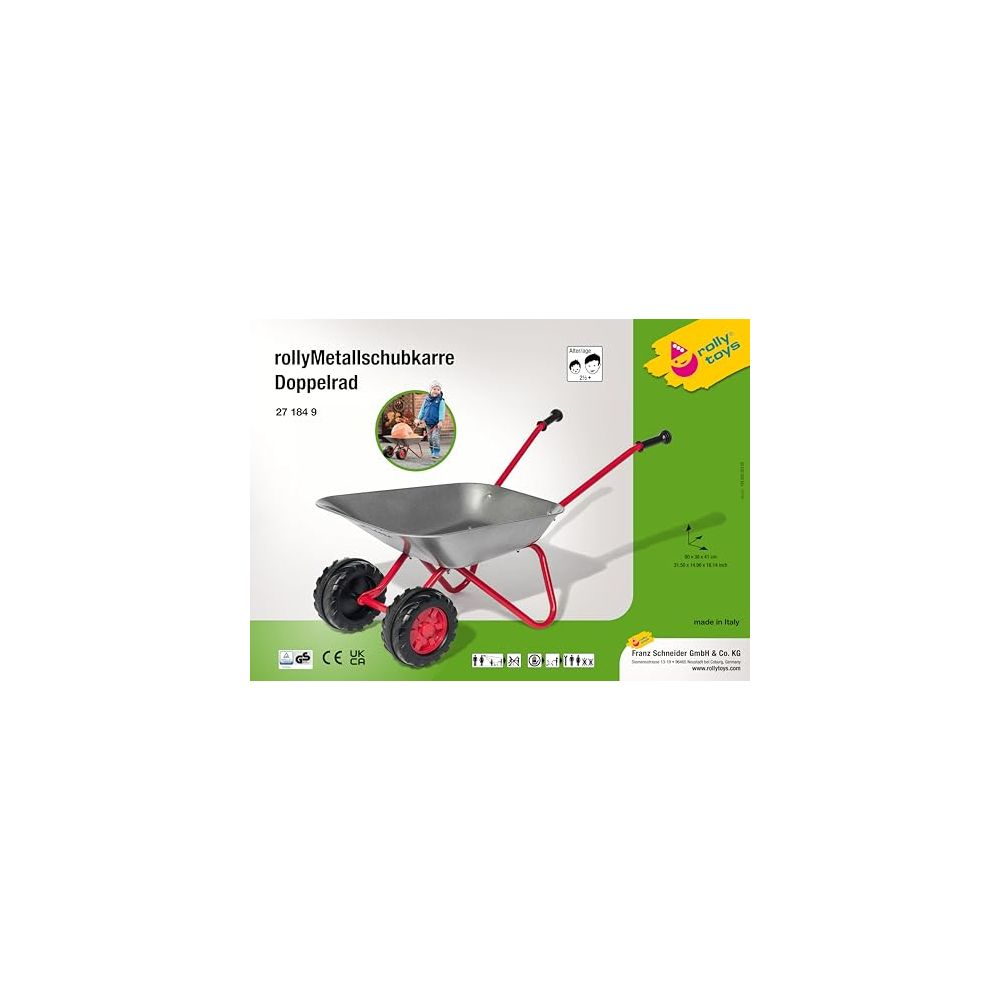 Produktverpackung einer roten Metallschubkarre mit Doppelrad von rolly toys.