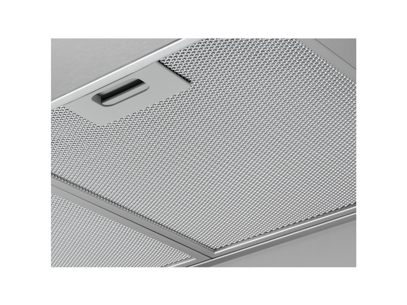 Metallischer Dunstabzugshaubenfilter mit feinem Gitter und Griff.