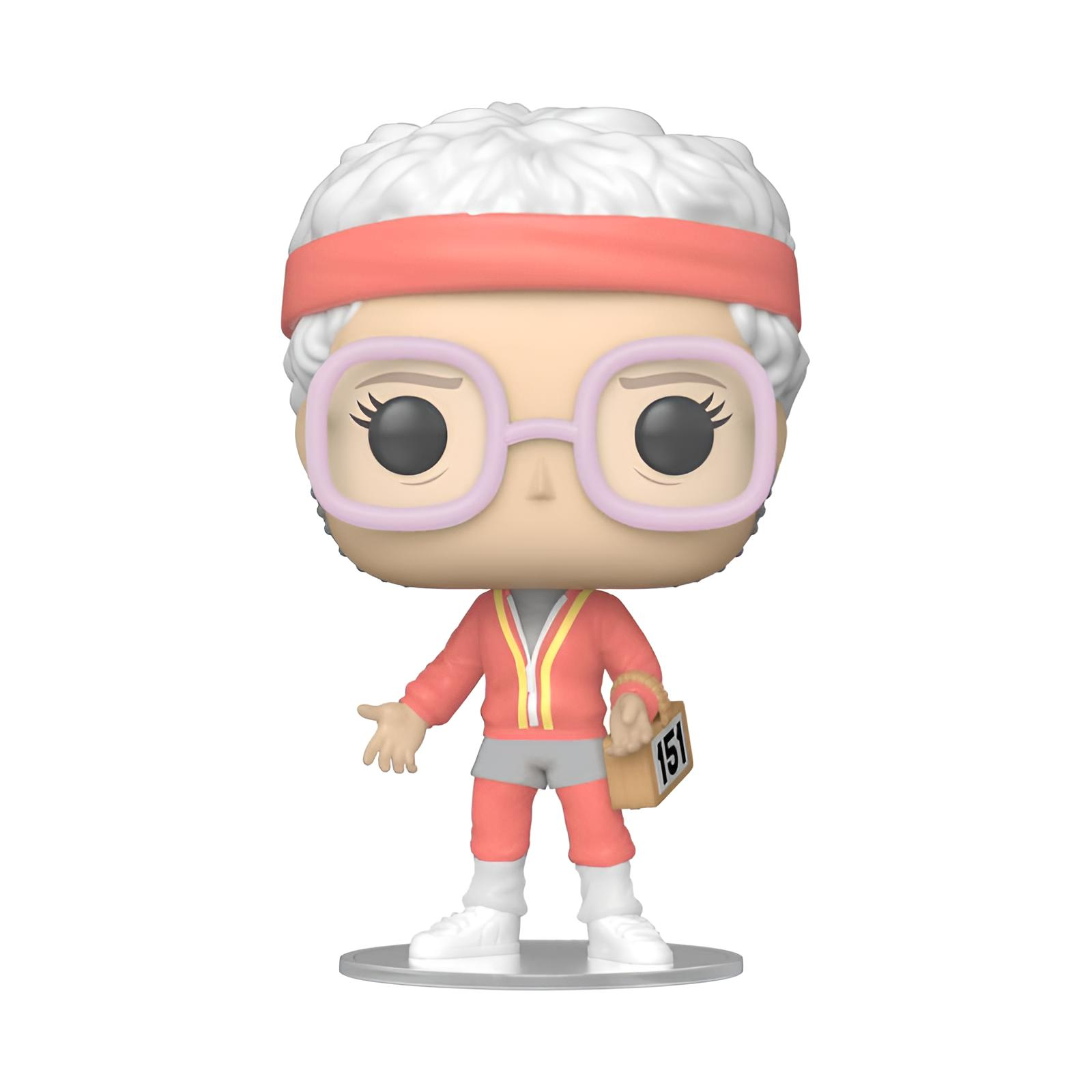 Eine Vinyl-Sammelfigur mit weißem Haar, rosa Stirnband, Brille und einem rosa Trainingsanzug.