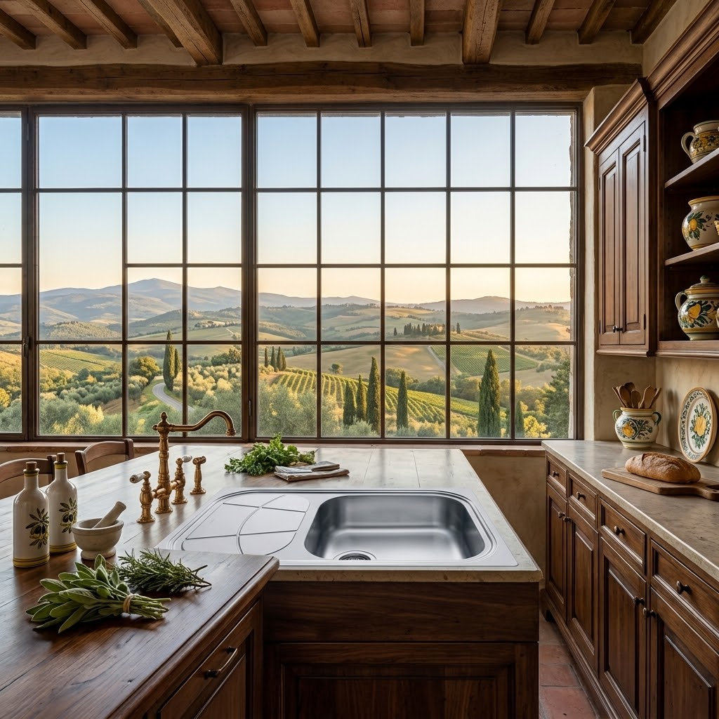 Una cucina rustica con isola in legno e lavello, di fronte a una grande finestra con vista sulle colline.
