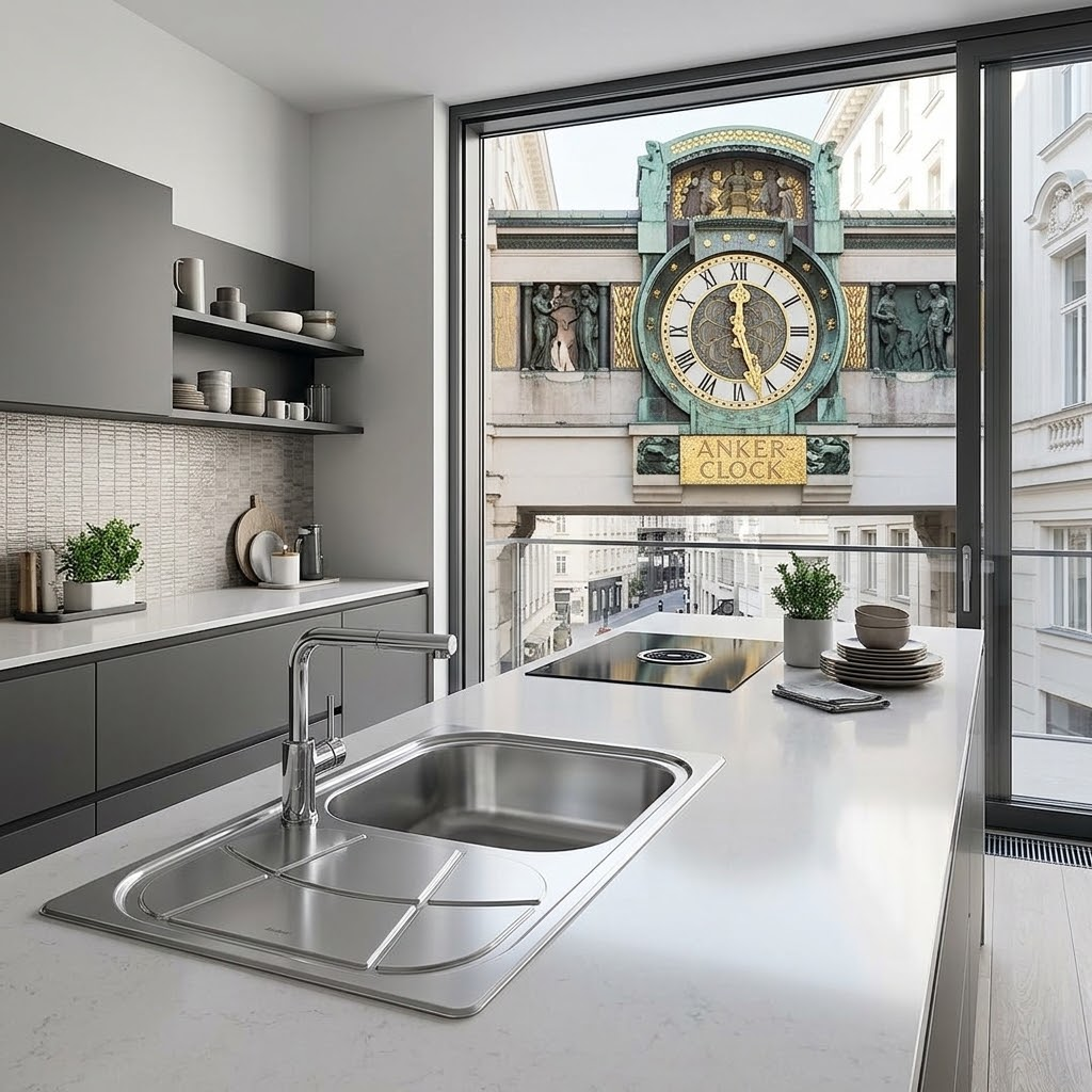 Cucina moderna con vista sull'Orologio Anker attraverso una grande finestra.
