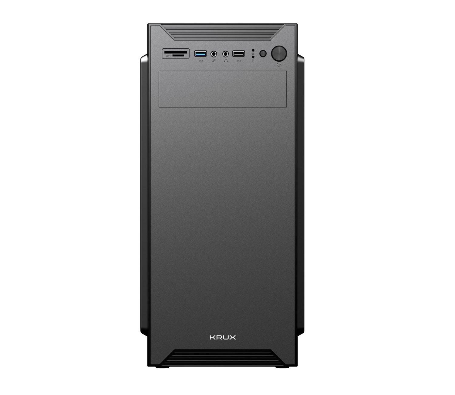 Black Krux PC tower case with top I/O ports and a smooth front panel.