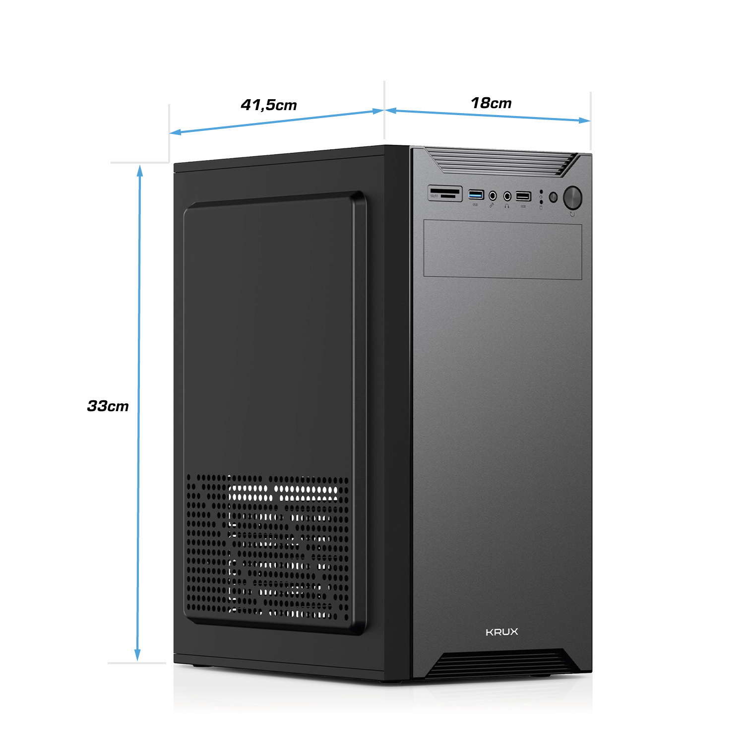 Black PC case with dimensions of 41.5cm length, 18cm width, and 33cm height.