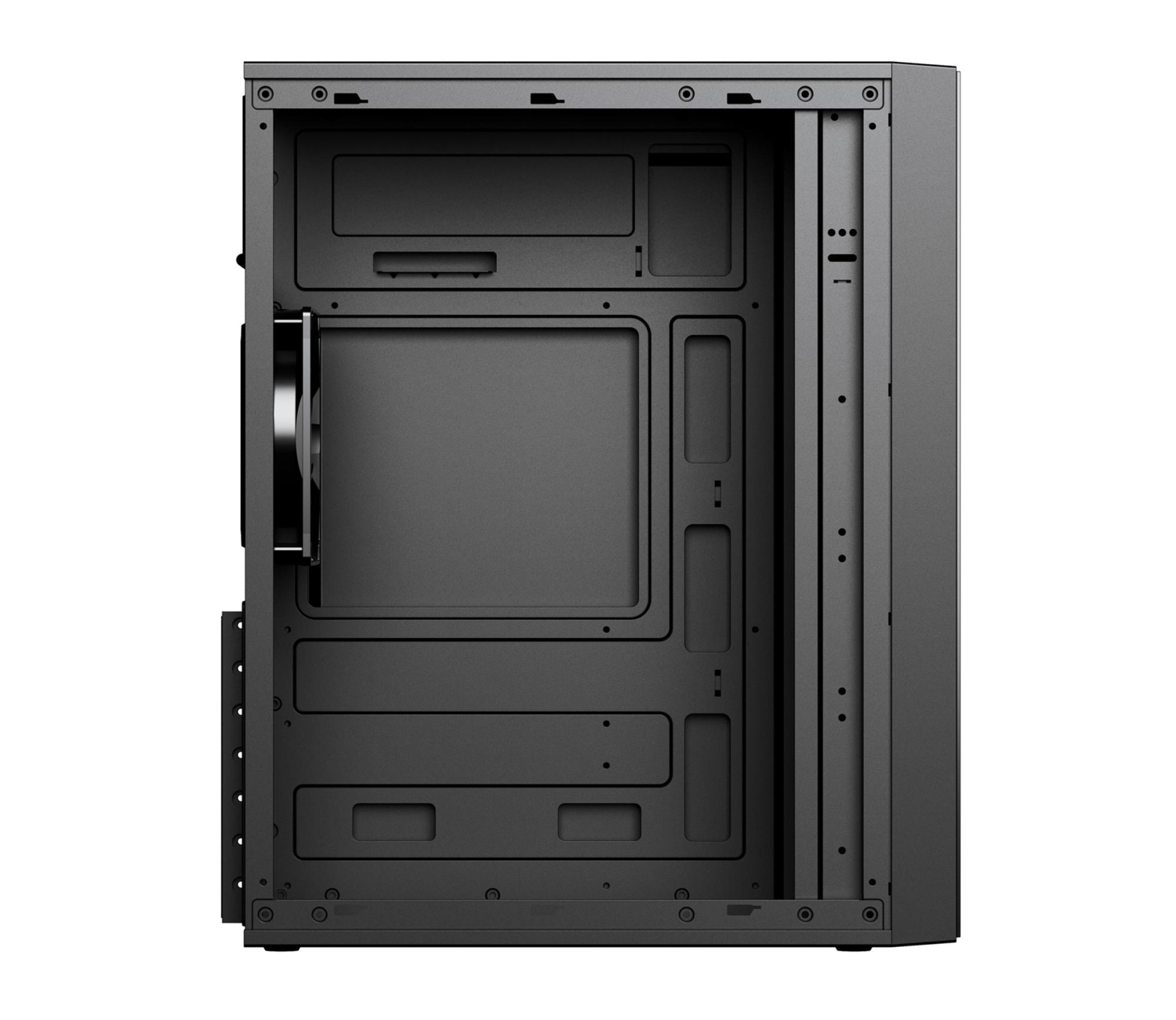 An empty black computer tower case viewed from the side, showing internal metal framing and a rear fan.