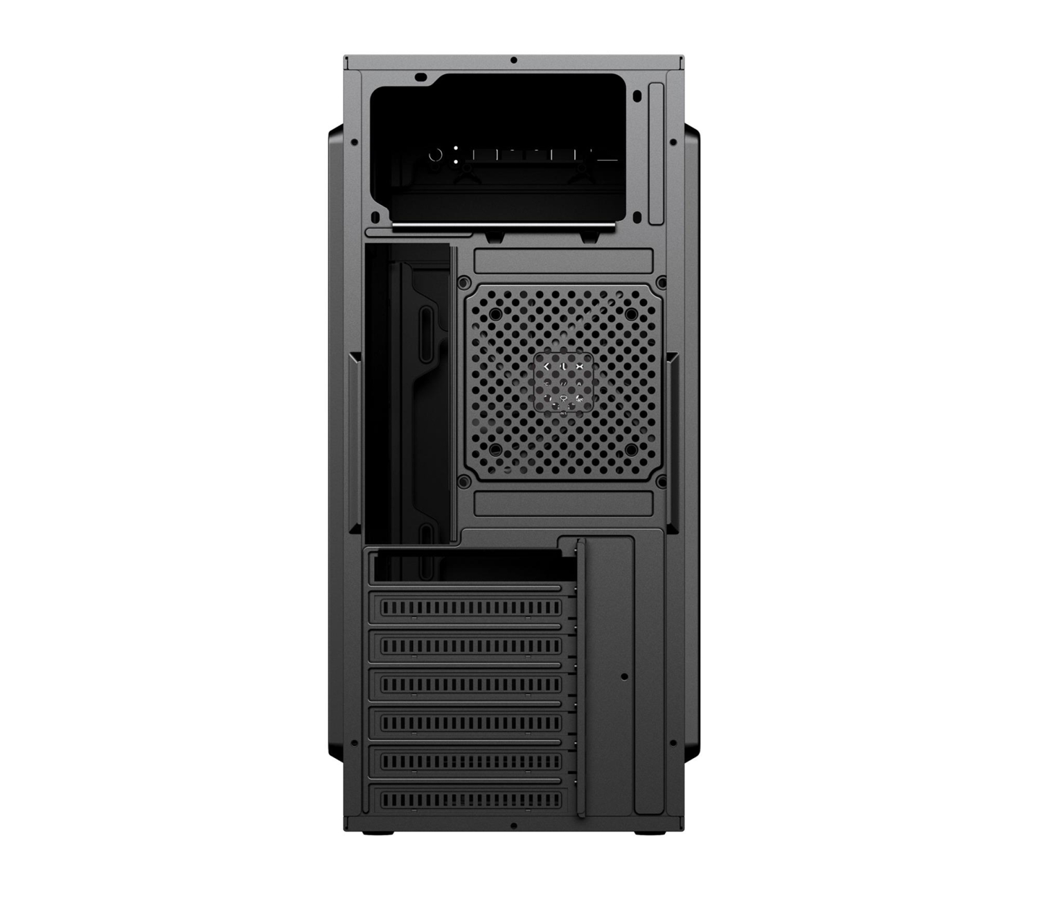 Front view of an empty black computer case featuring ventilation grilles and expansion slots.