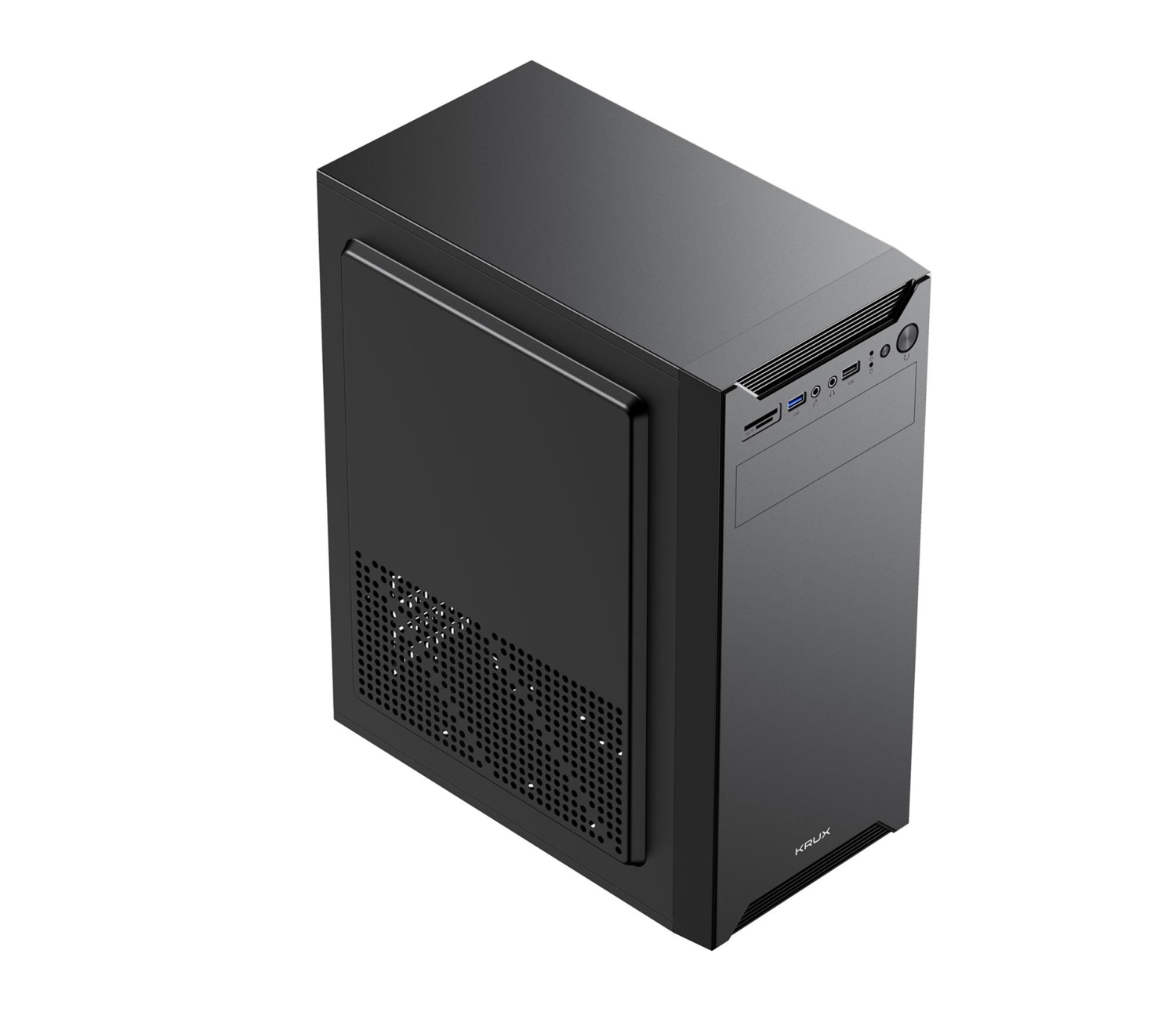 A black computer tower case with side ventilation grille and front ports.