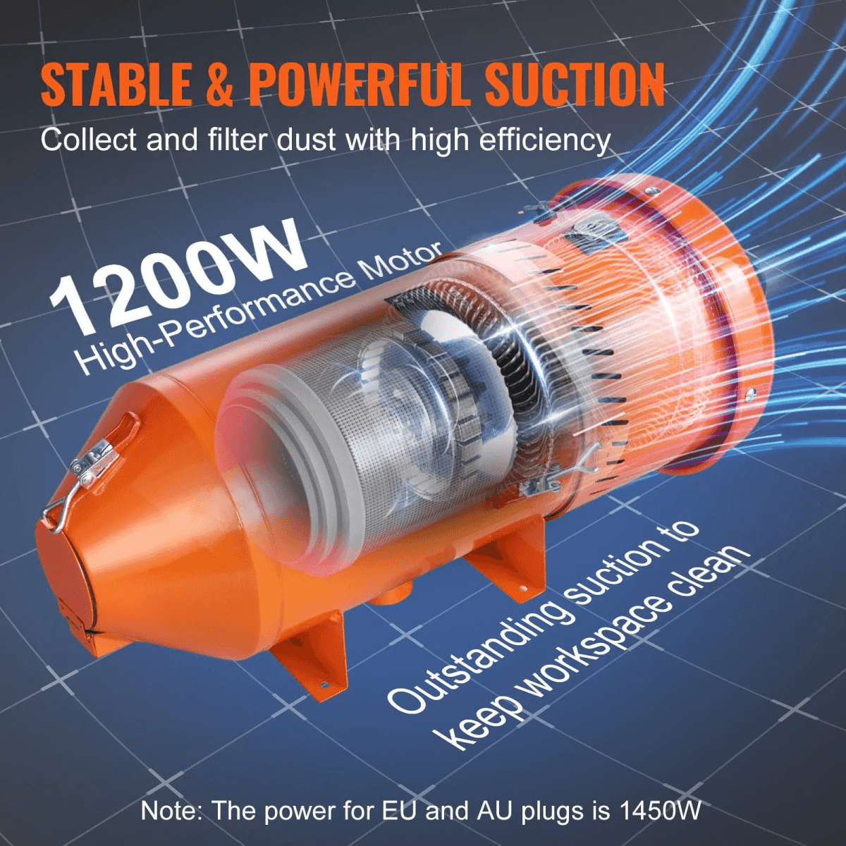 Una bomba de succión naranja de 1200W sobre fondo de cuadrícula azul con texto.