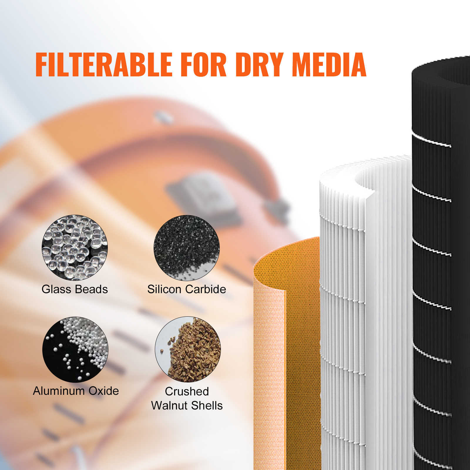 Filtrable para medios secos, con perlas de vidrio, carburo de silicio, óxido de aluminio y cáscaras de nuez.