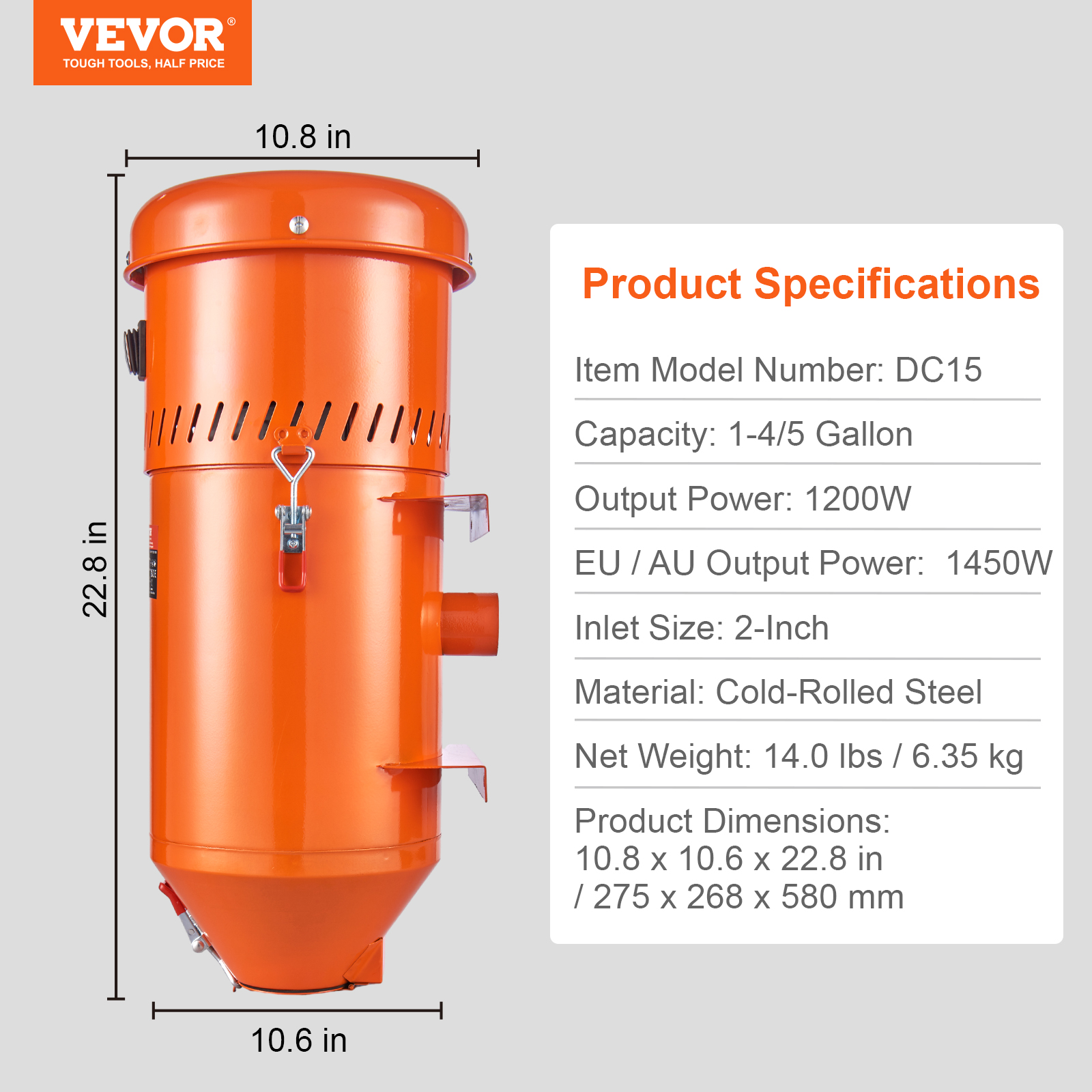 Un colector de polvo Vevor naranja con etiquetas de dimensiones y especificaciones al lado.