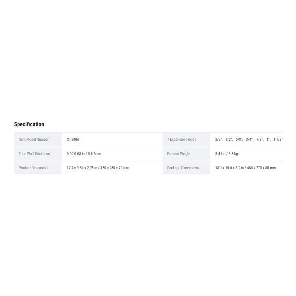 Tabla de especificaciones con el número de modelo, dimensiones y peso del CT-300A.