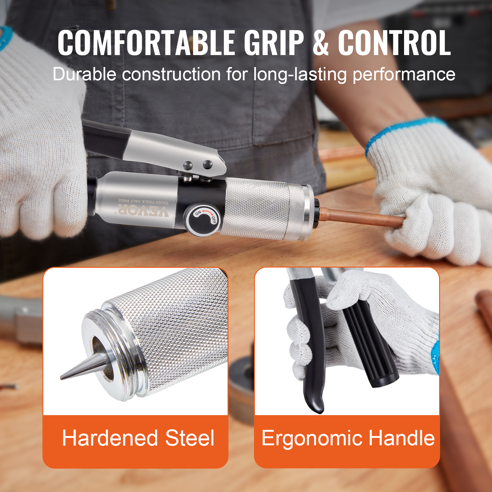 Trabajador con guantes usa una herramienta VEVOR con mango ergonómico y punta de acero.