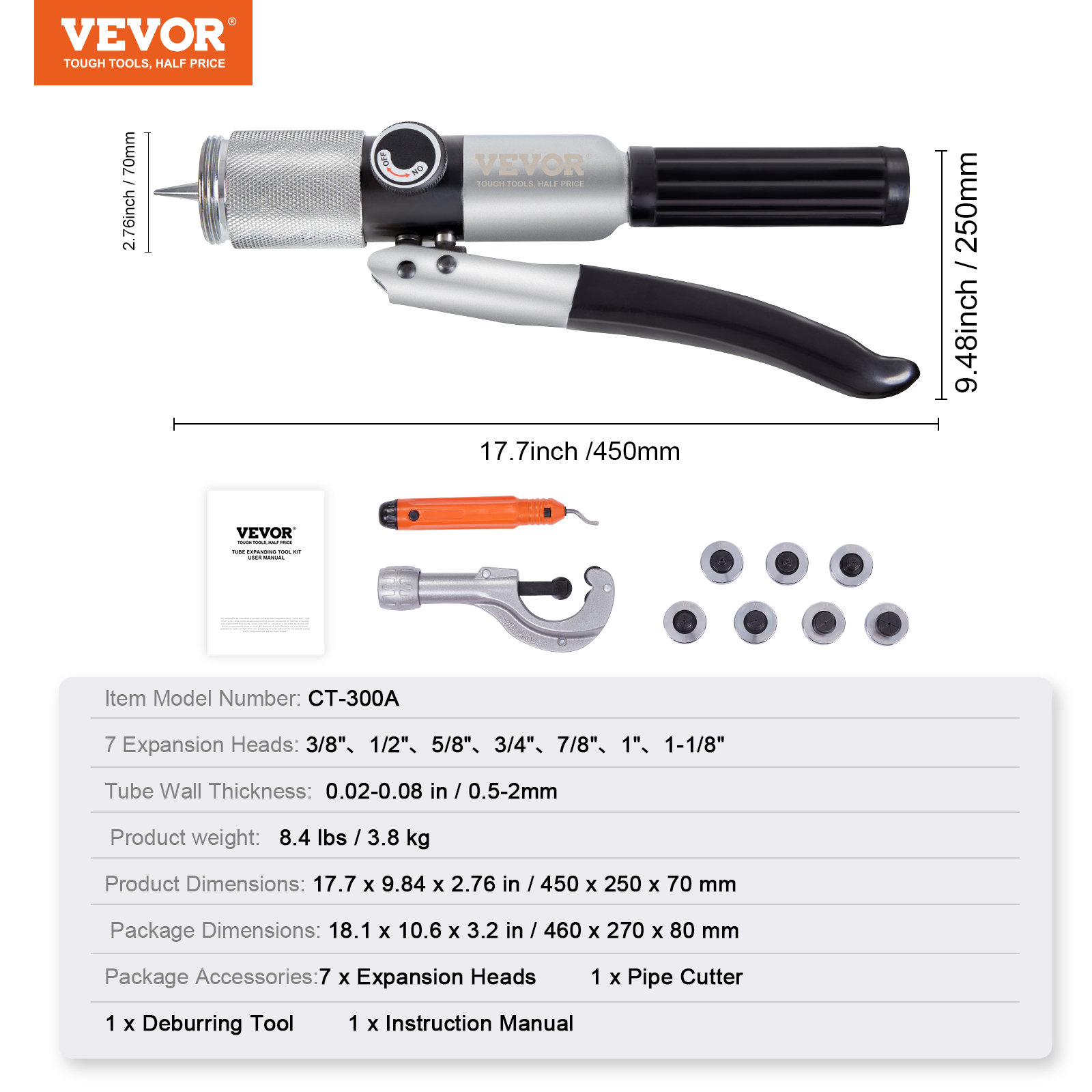 Kit de expansión de tubos CT-300A con desbarbador, cortatubos, siete cabezales y manual.