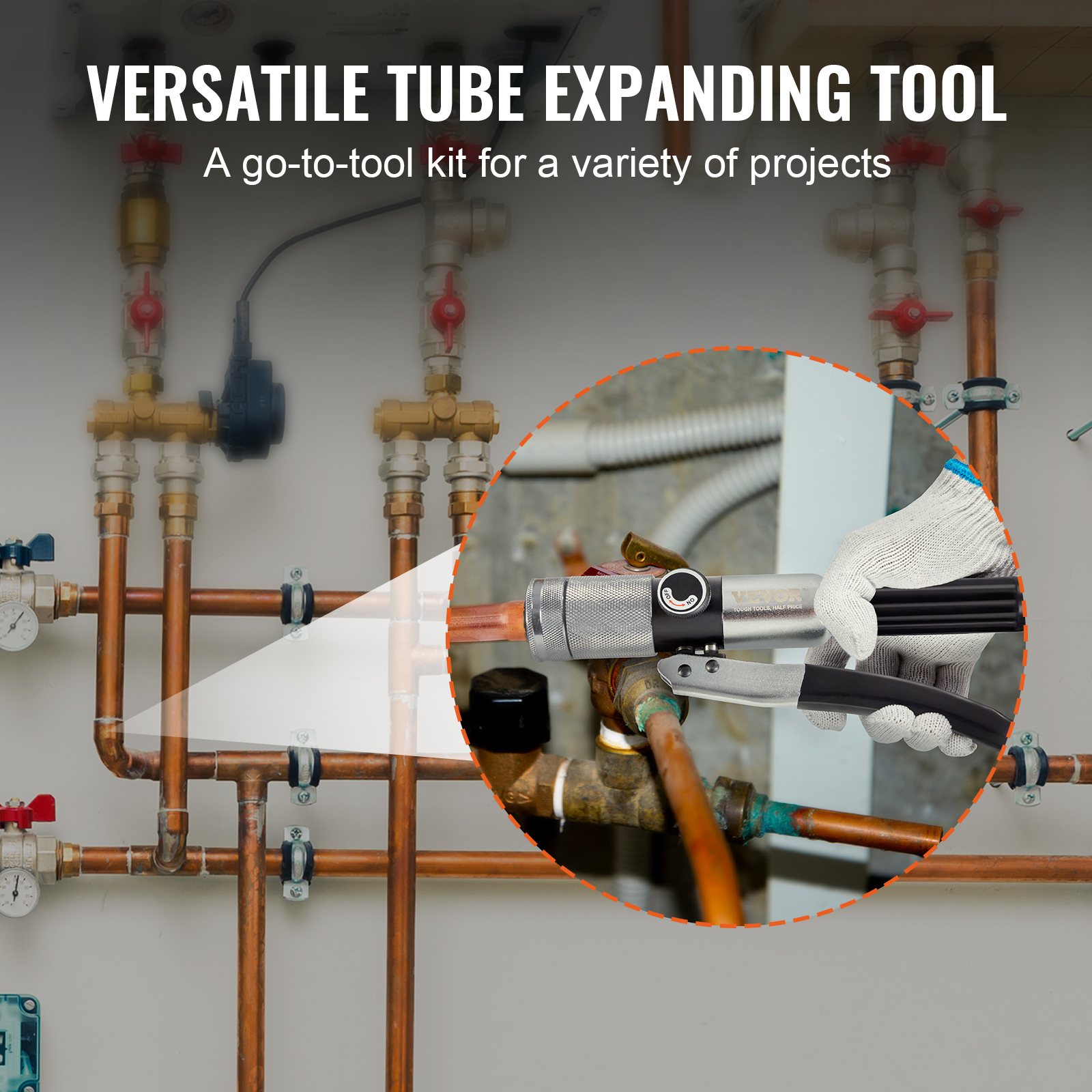 Una herramienta para expandir tubos frente a tuberías de cobre, con texto arriba que dice 'Versatile Tube Expanding Tool'.