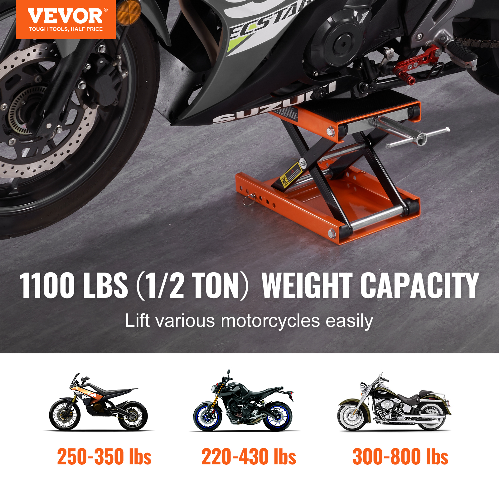 Motocicleta en un gato de tijera naranja con capacidad de 1100 lbs y ejemplos abajo.