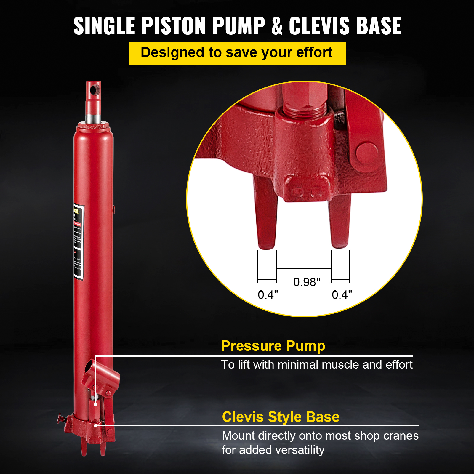 Cilindro hidráulico rojo con bomba de pistón y base de horquilla sobre fondo oscuro.