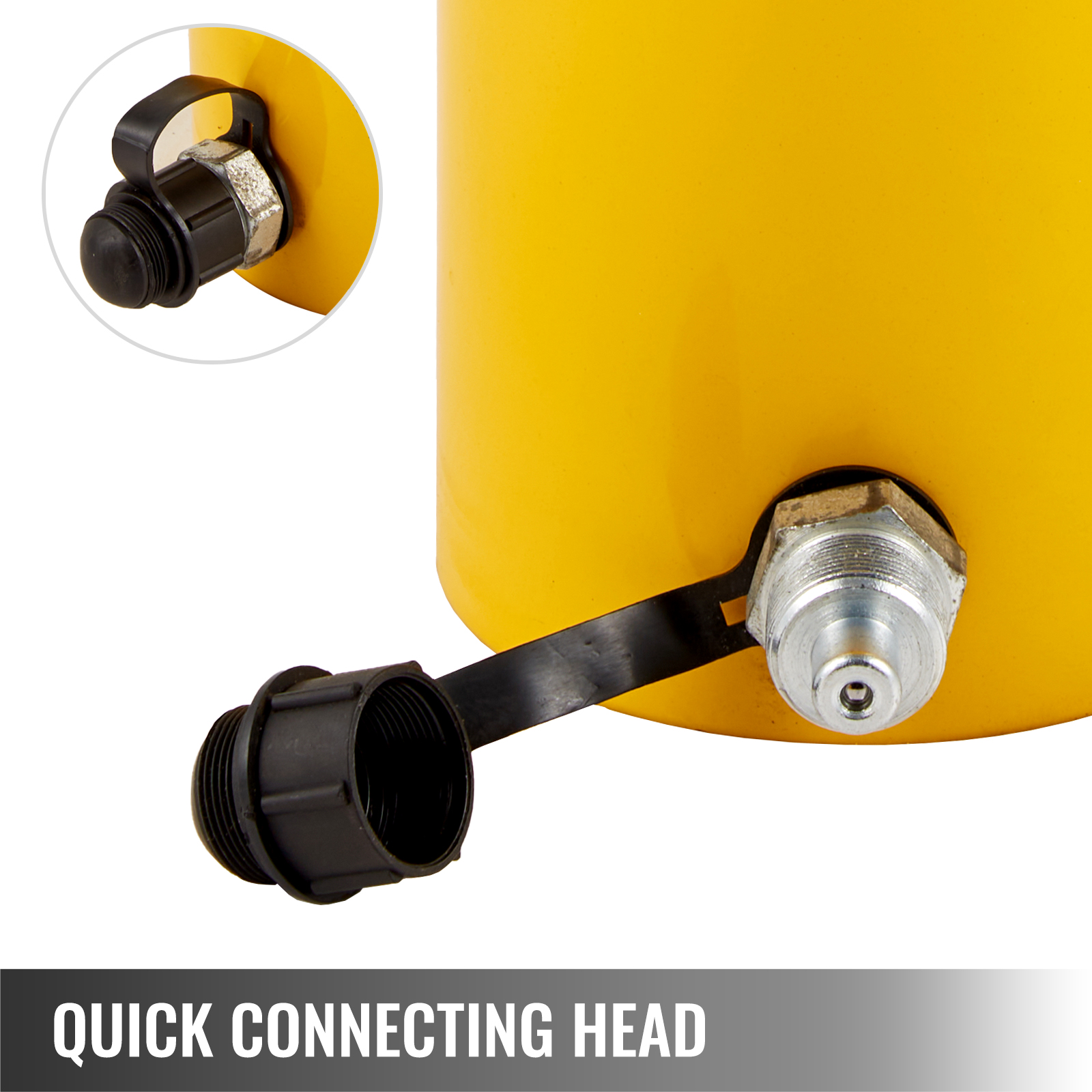 Cilindro hidráulico amarillo con cabezal metálico y tapa protectora de plástico negro retirada.