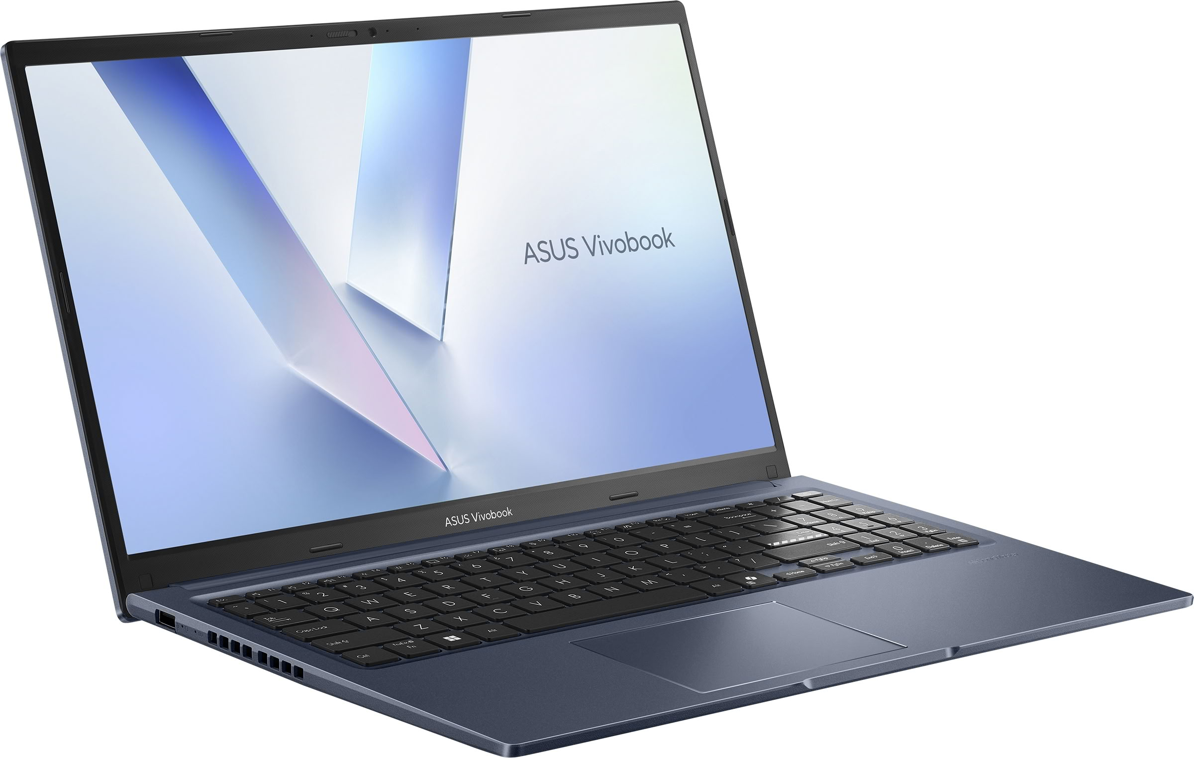 Un ordenador portátil ASUS Vivobook azul con pantalla abierta sobre fondo blanco.