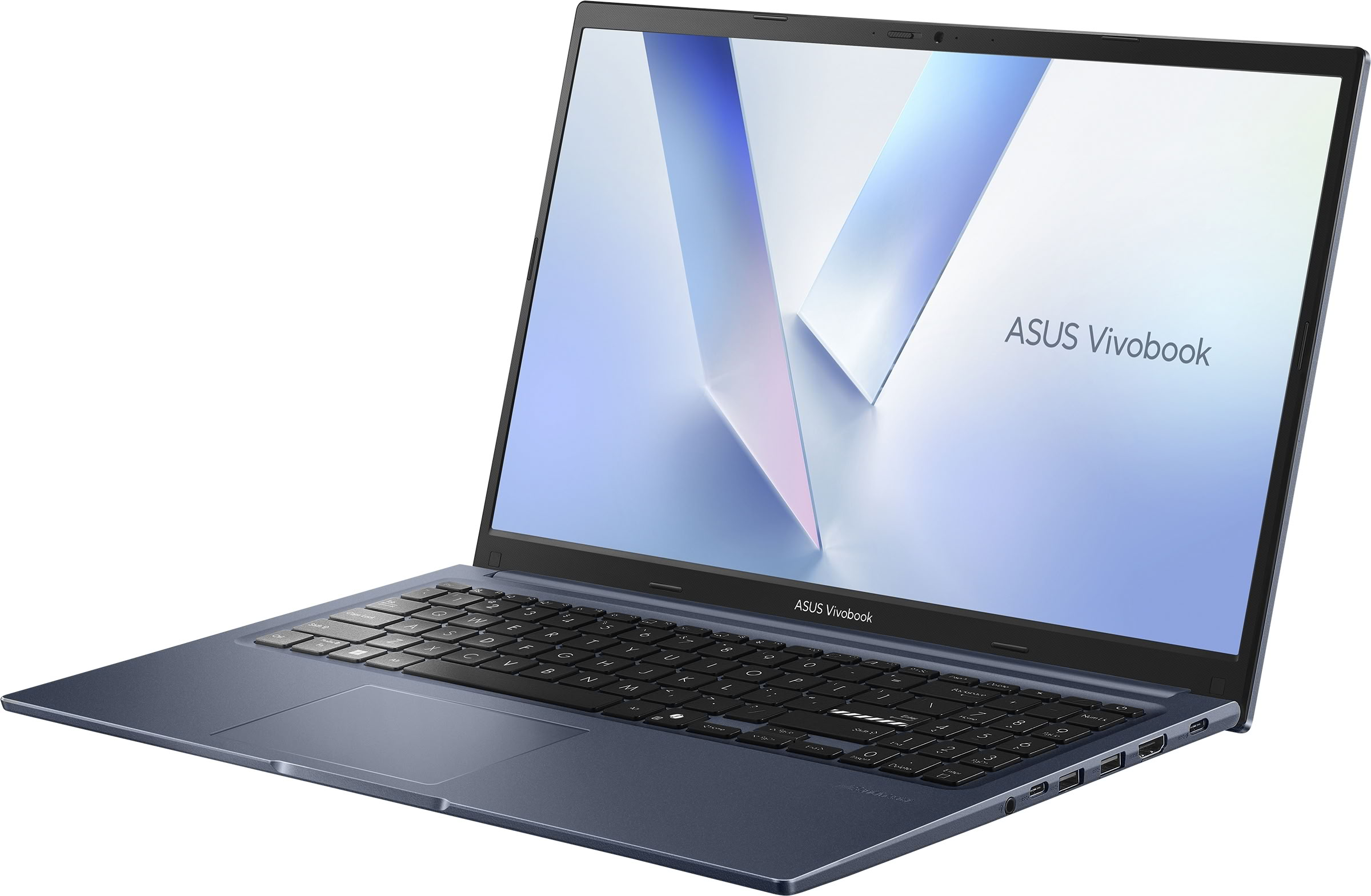 Un ordenador portátil ASUS Vivobook azul sobre fondo claro, la pantalla muestra el logotipo y formas geométricas.