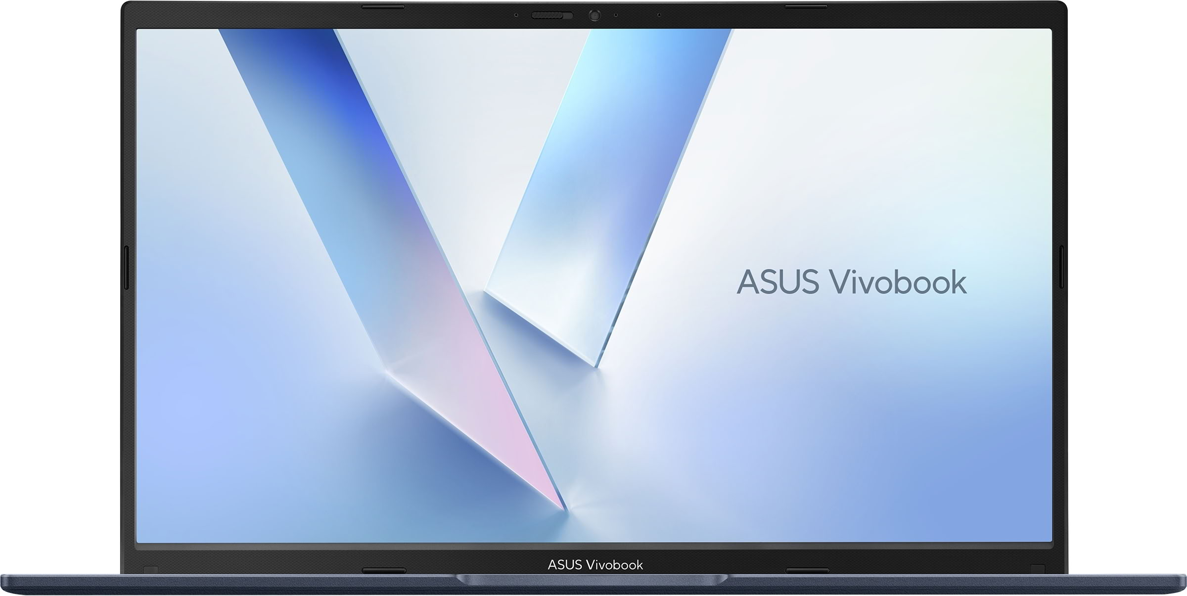Laptop ASUS Vivobook con fondo de pantalla geométrico azul y marcos delgados.
