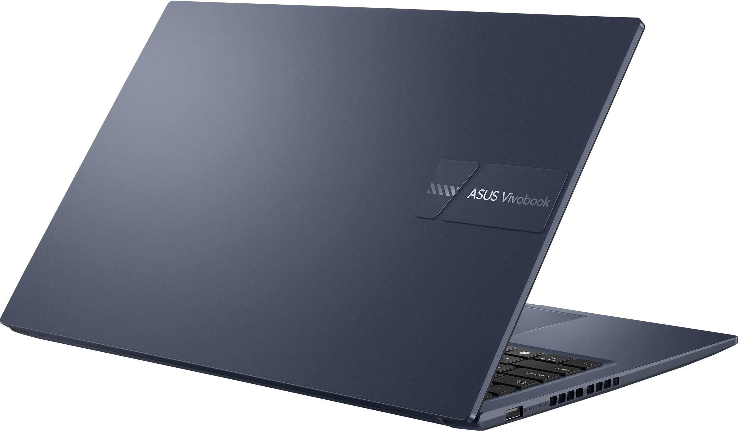 Portátil ASUS Vivobook azul abierto en ángulo sobre fondo blanco.