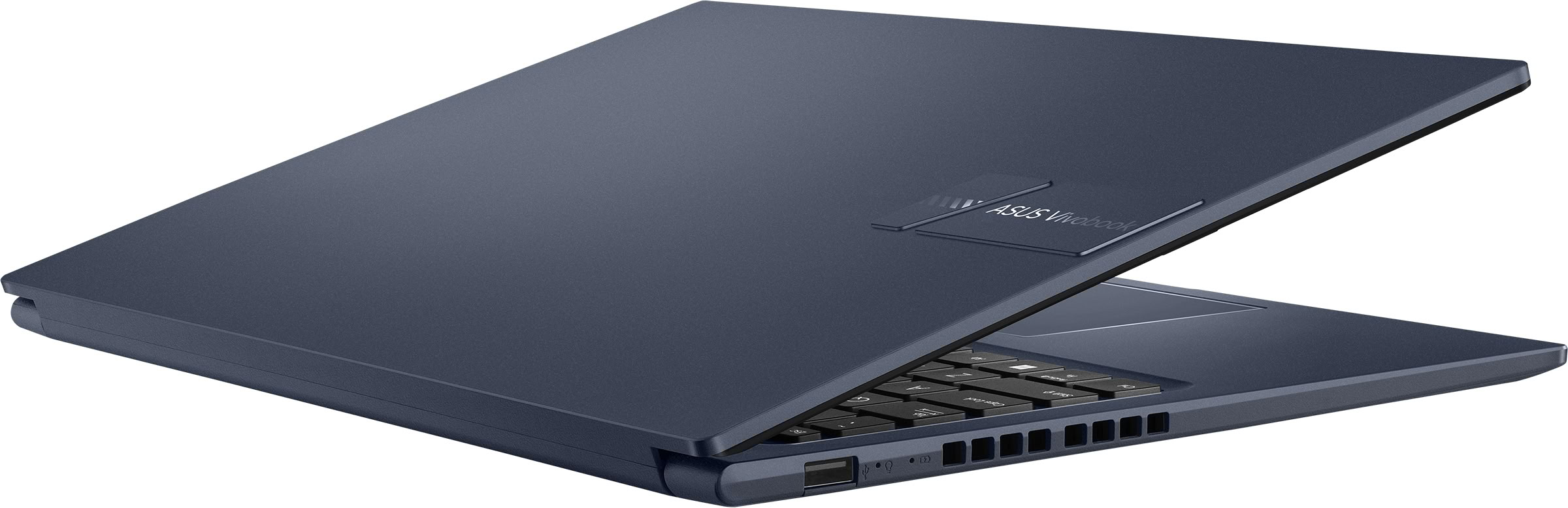 Una laptop Asus Vivobook azul con la pantalla parcialmente cerrada sobre fondo blanco.