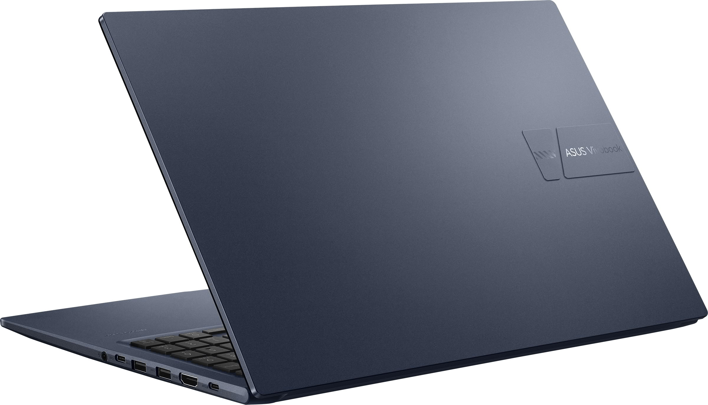 Un portátil Asus Vivobook azul sobre fondo blanco, abierto lateralmente con logotipo visible.