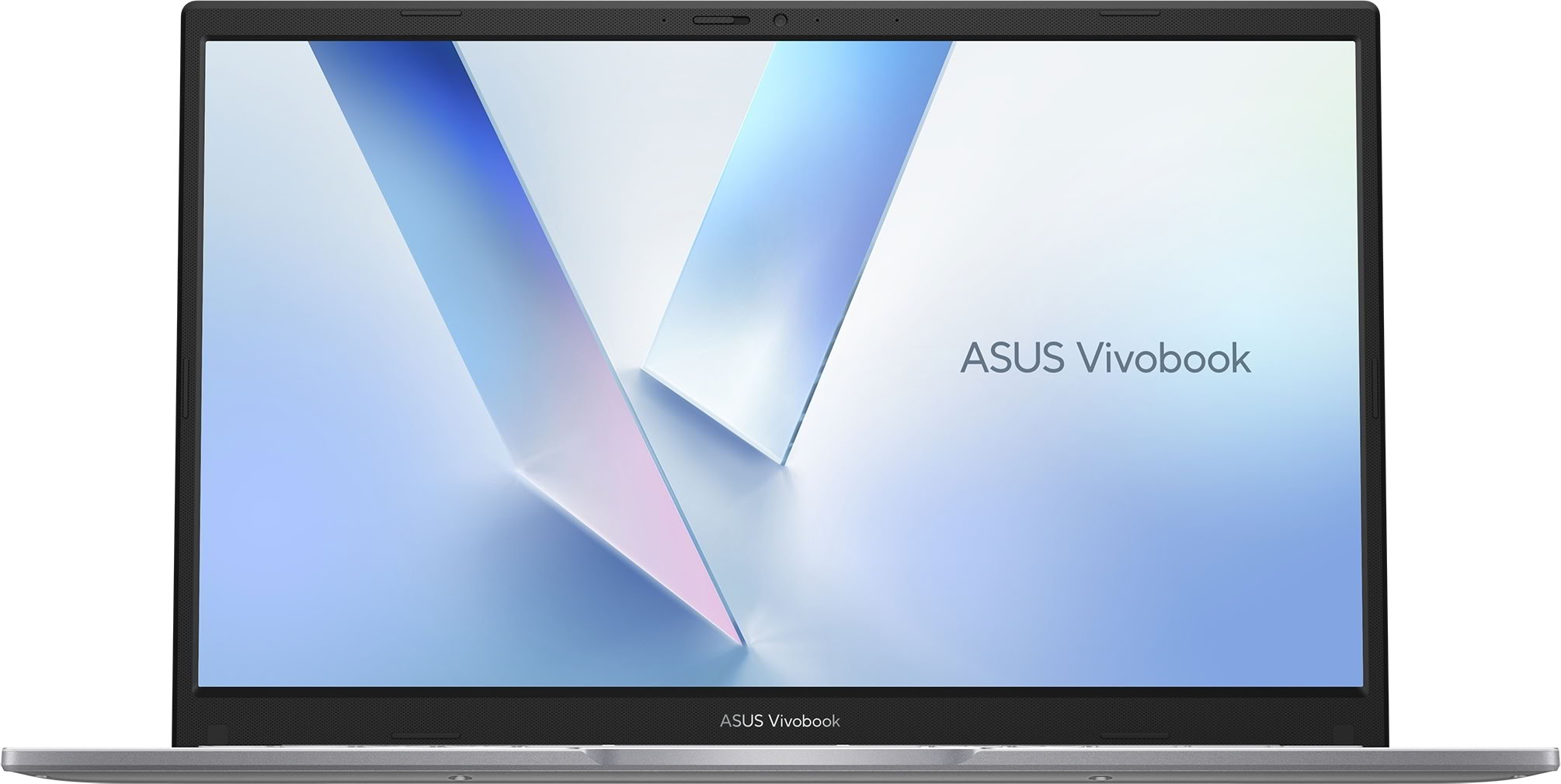 Una laptop Asus Vivobook abierta que muestra una pantalla azul con un diseño geométrico en V.