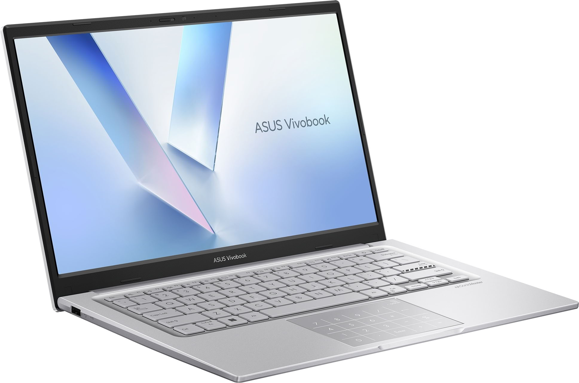 Un portátil plateado ASUS Vivobook abierto contra un fondo blanco con un gráfico de pantalla azul abstracto.
