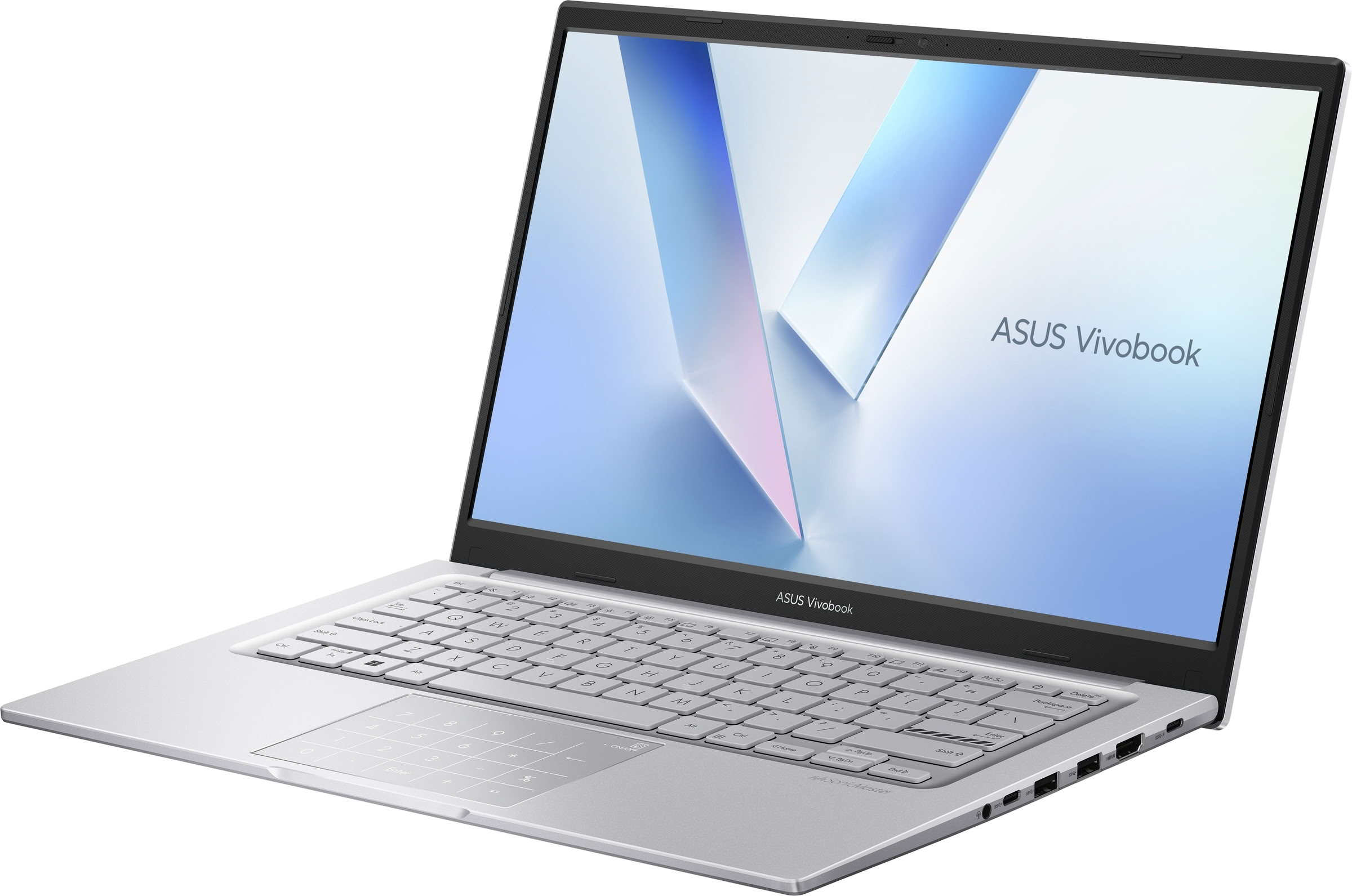 Un portátil plateado ASUS Vivobook con pantalla azul y teclado numérico integrado en el panel táctil.