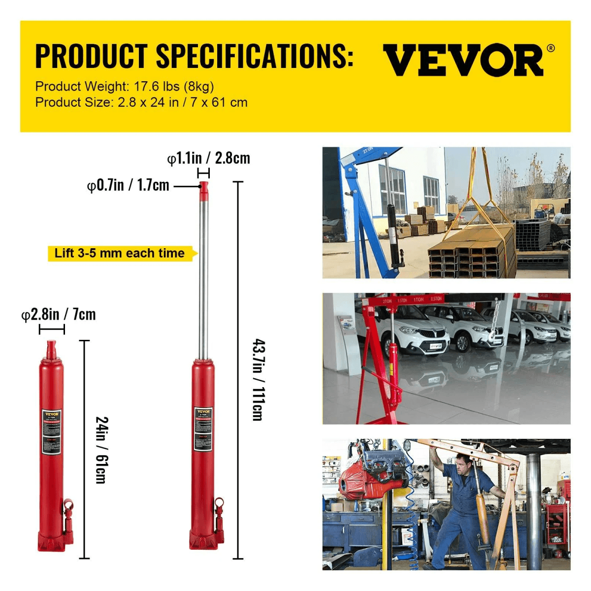 Especificaciones técnicas de un cilindro hidráulico VEVOR rojo con dimensiones y fotos de uso.