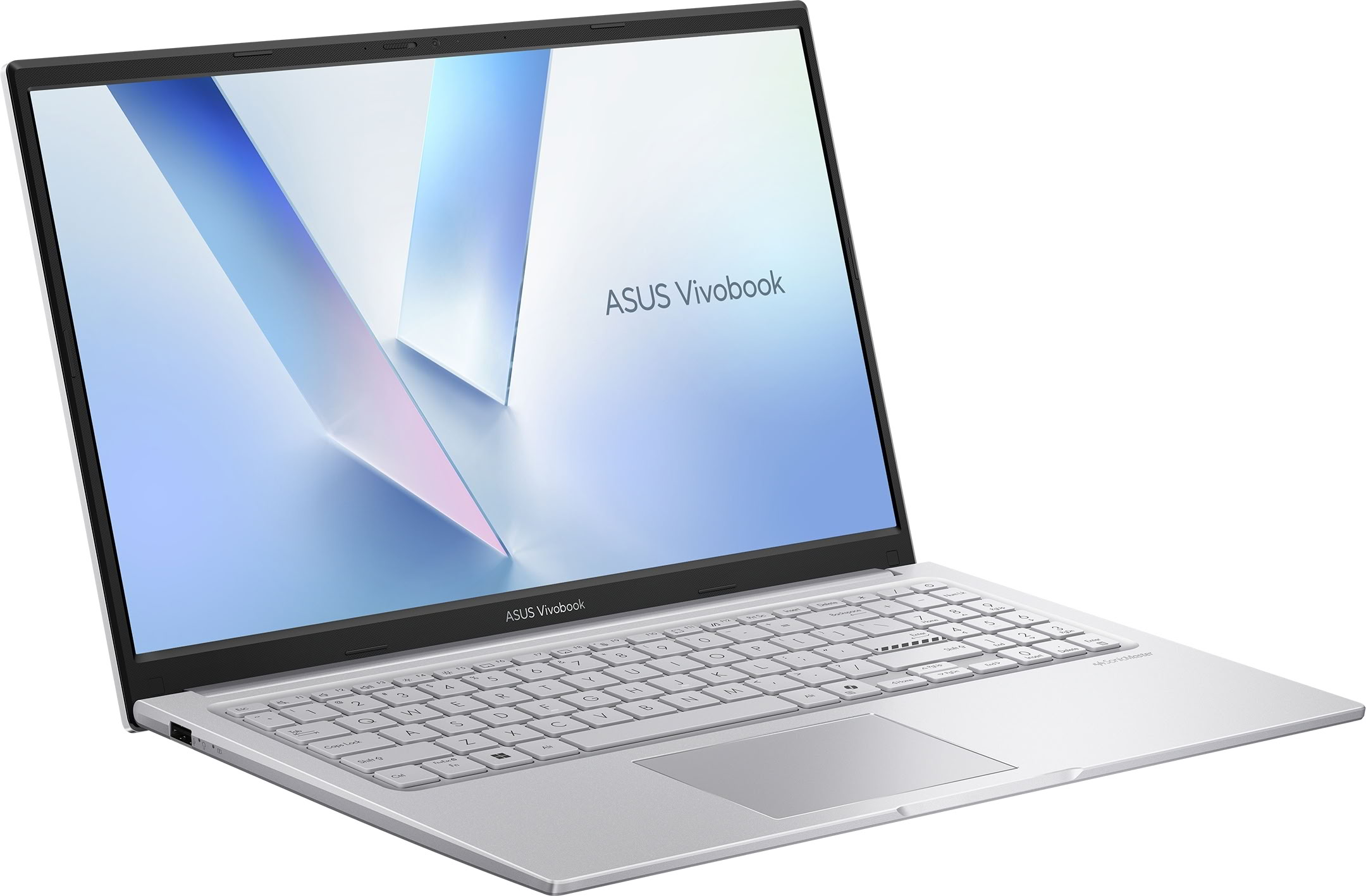 Un ordenador portátil ASUS Vivobook plateado y abierto sobre fondo blanco, con un fondo de pantalla azul.