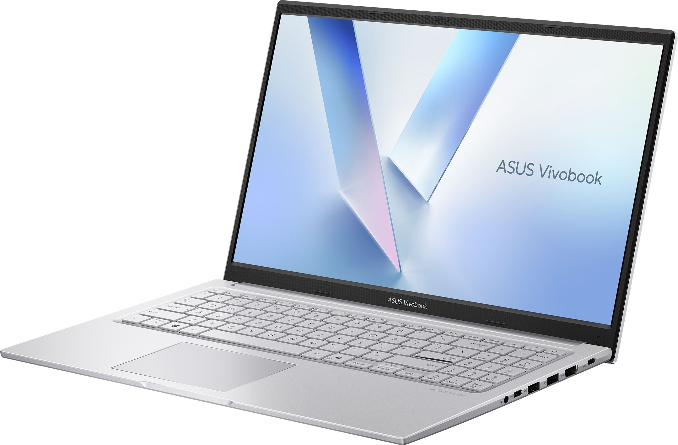 Una computadora portátil ASUS Vivobook plateada abierta sobre fondo blanco con pantalla geométrica azul.
