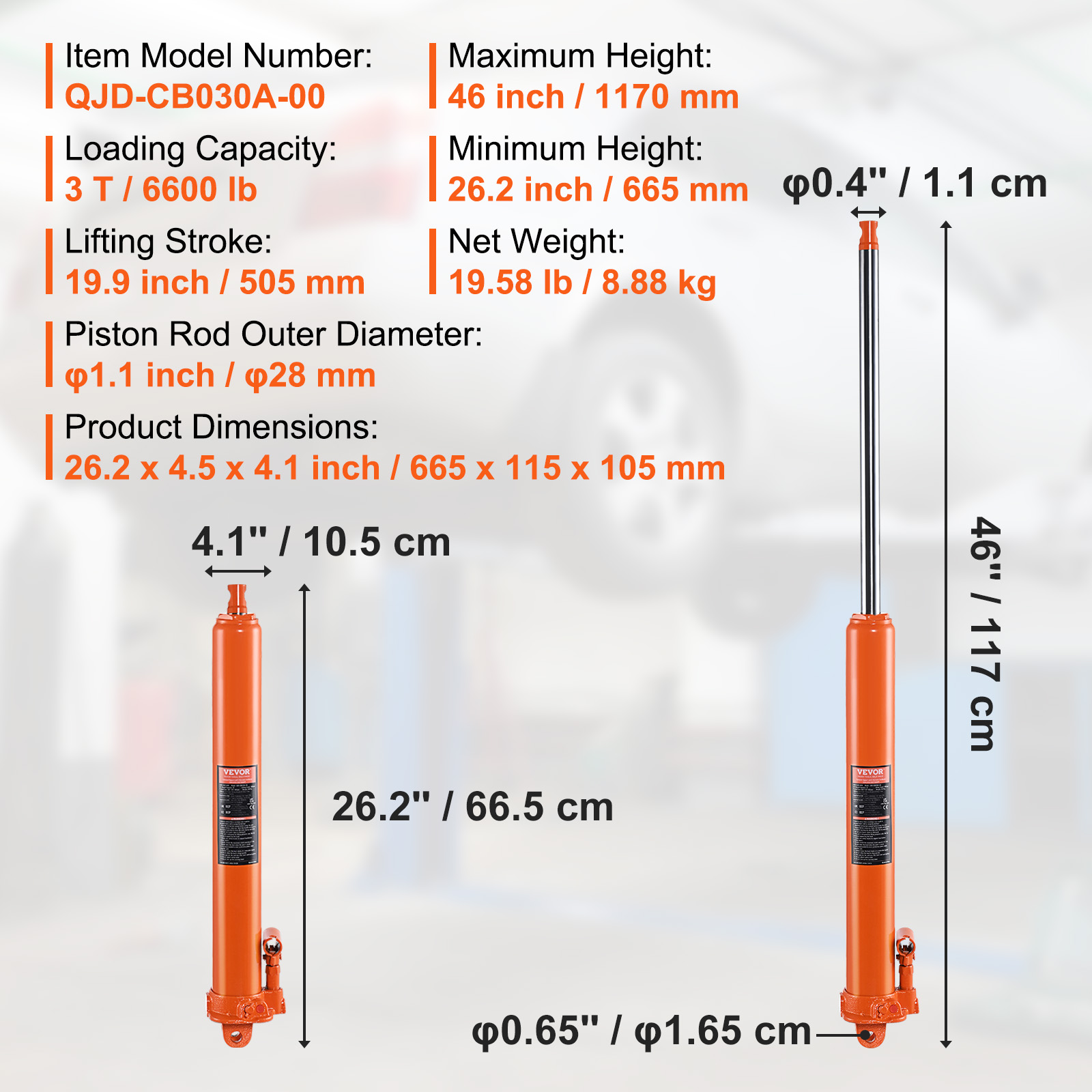 Especificaciones técnicas y dimensiones de un gato hidráulico naranja de 3T.
