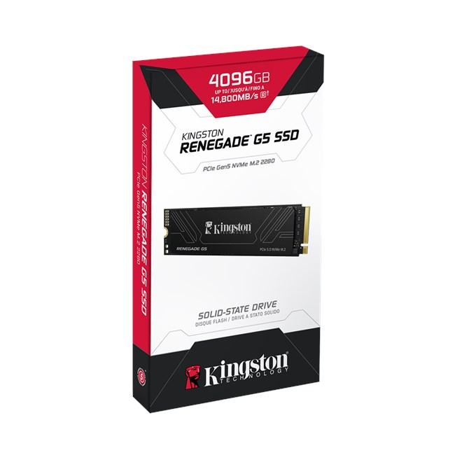 Kingston Renegade G5 SSD için kapasite ve hızı gösteren kırmızı, beyaz ve siyah ürün kutusu.