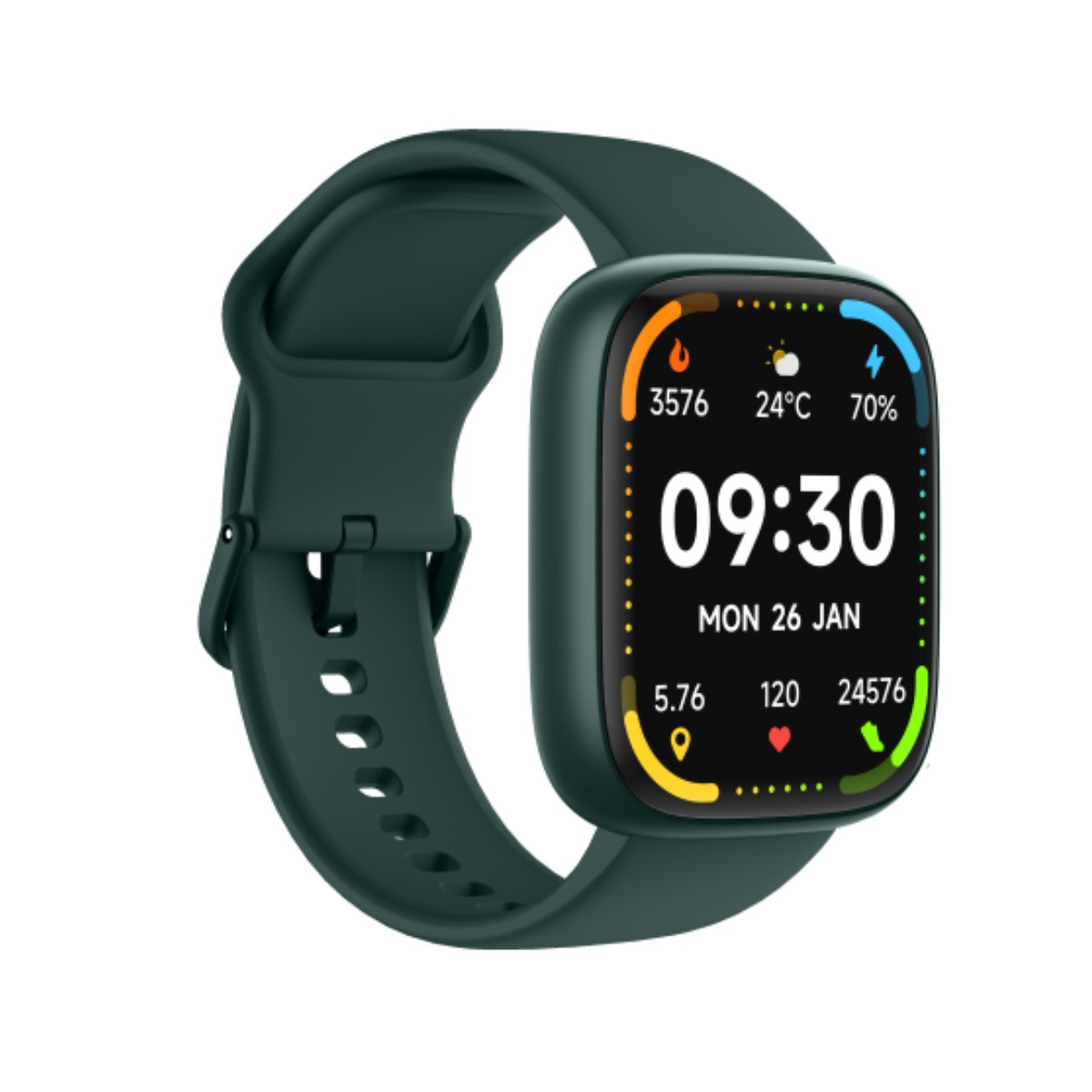 Ciemnozielony smartwatch z kwadratowym ekranem, godziną 09:30 i danymi fitness na białym tle.
