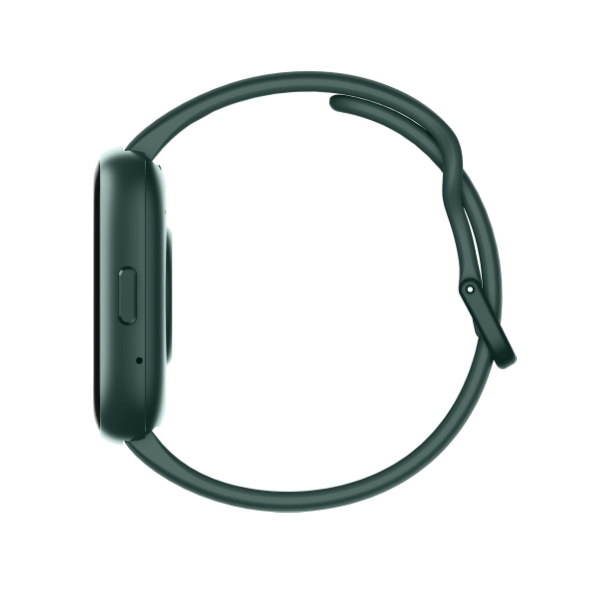 Ciemny smartwatch z zielonym silikonowym paskiem pokazany z boku na białym tle.