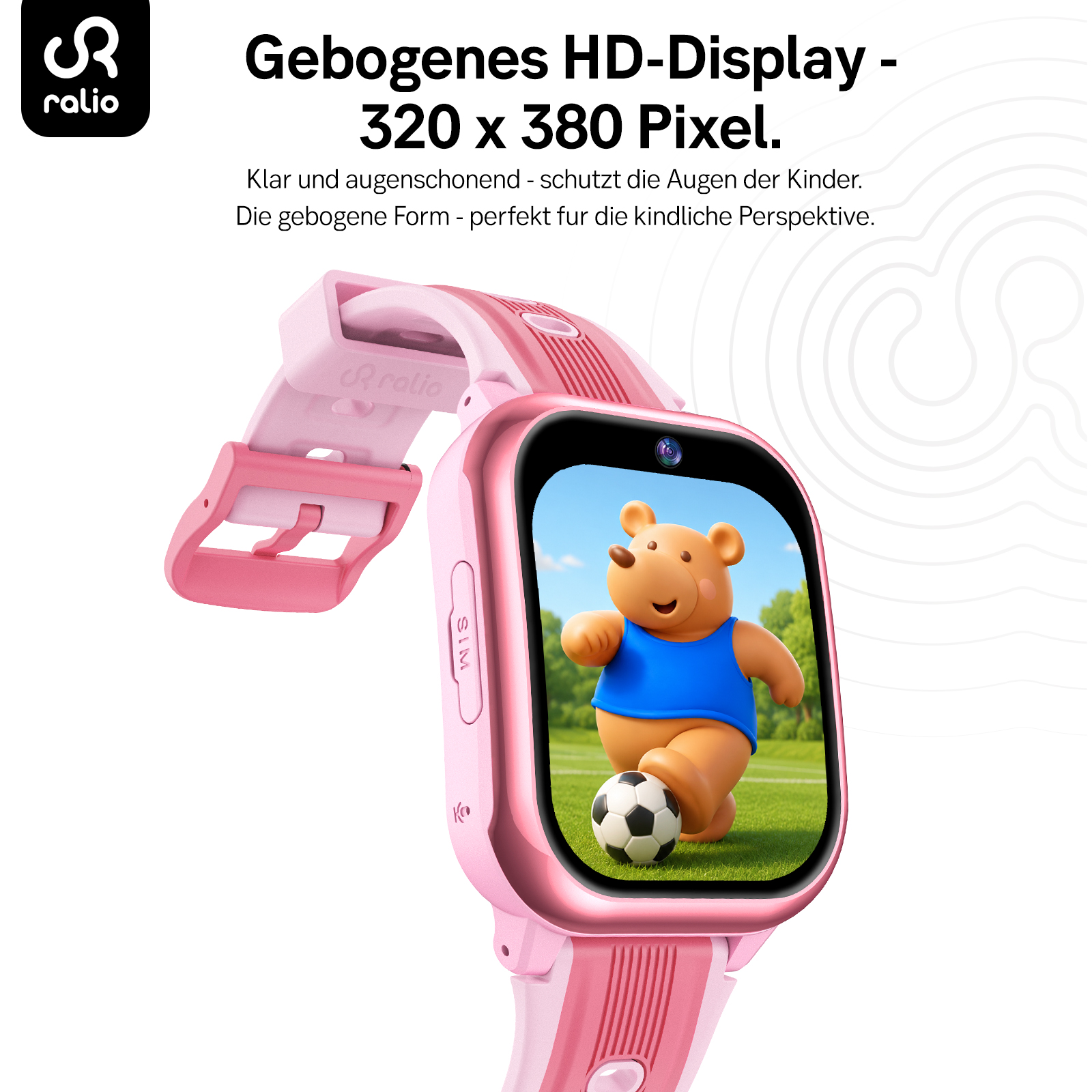 Rosa Kinder-Smartwatch mit HD-Display und Bären-Bild.
