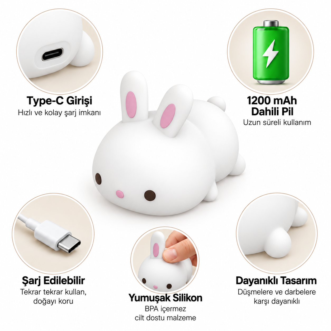 Type-C girişli, 1200 mAh pilli, yumuşak silikon malzemeli beyaz renkli tavşan gece lambası özellikler.