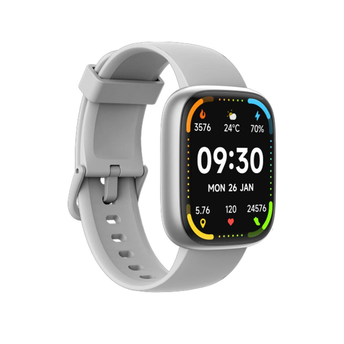 Szary smartwatch z cyfrowym wyświetlaczem pokazującym czas, pogodę i dane fitness na białym tle.