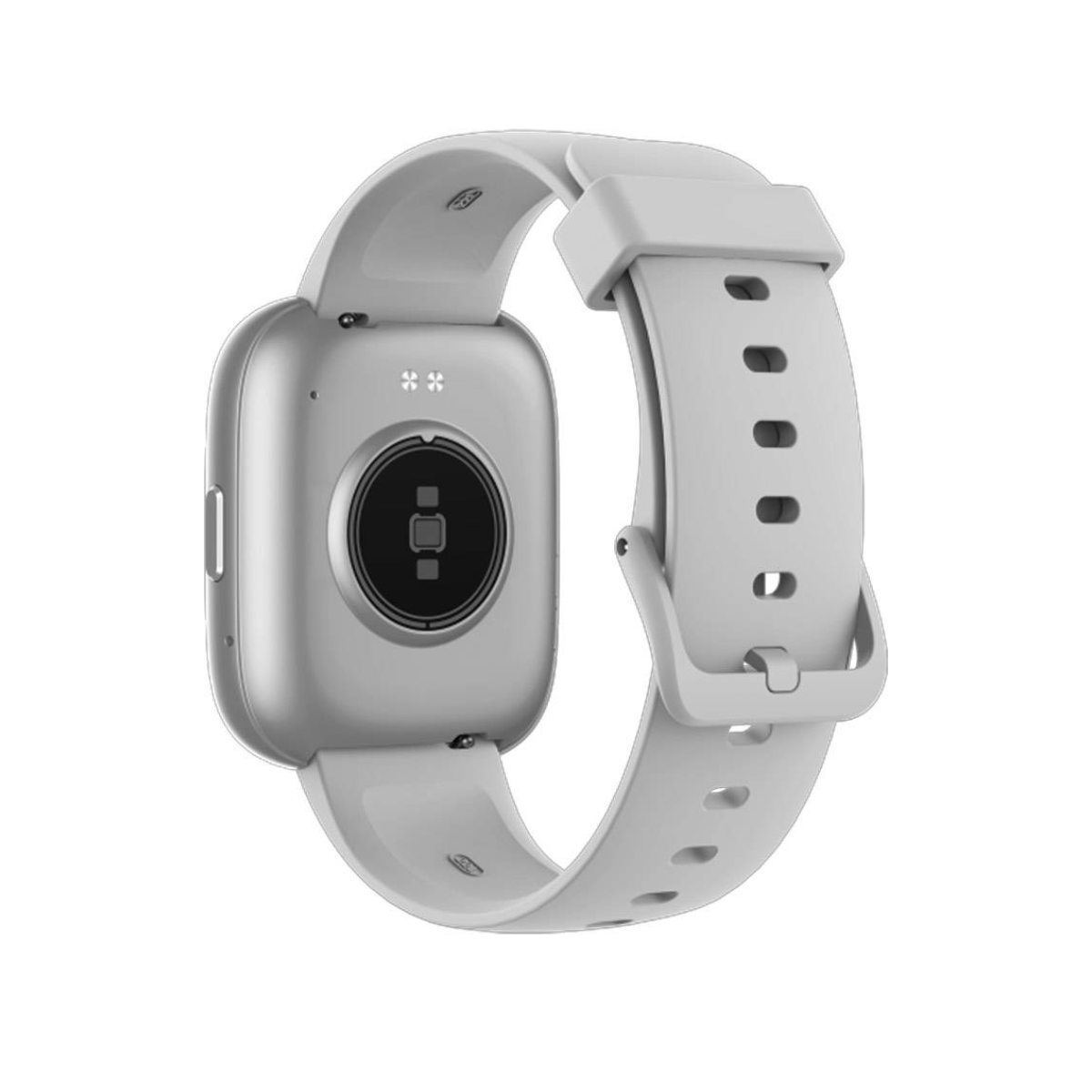 Jasnoszary smartwatch widziany od tyłu, z czujnikiem tętna i silikonowym paskiem.