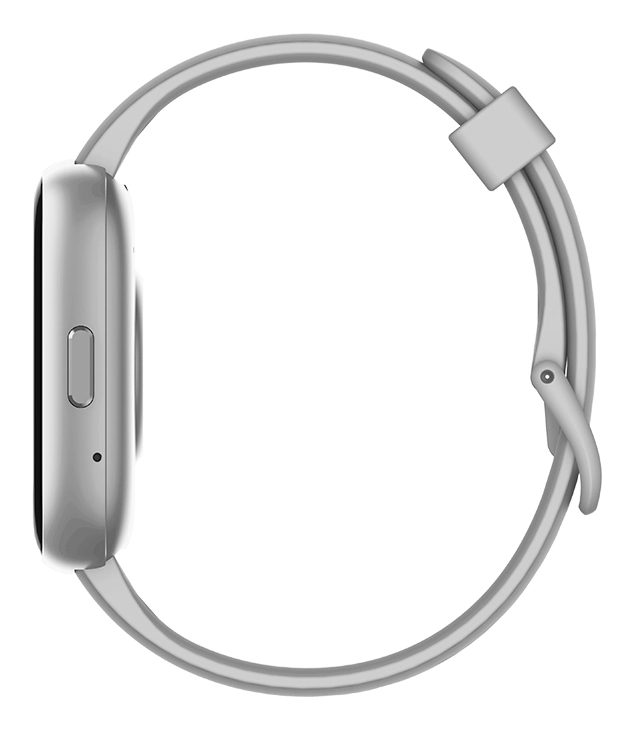 Szary smartwatch z silikonowym paskiem, widoczny z boku na białym tle.